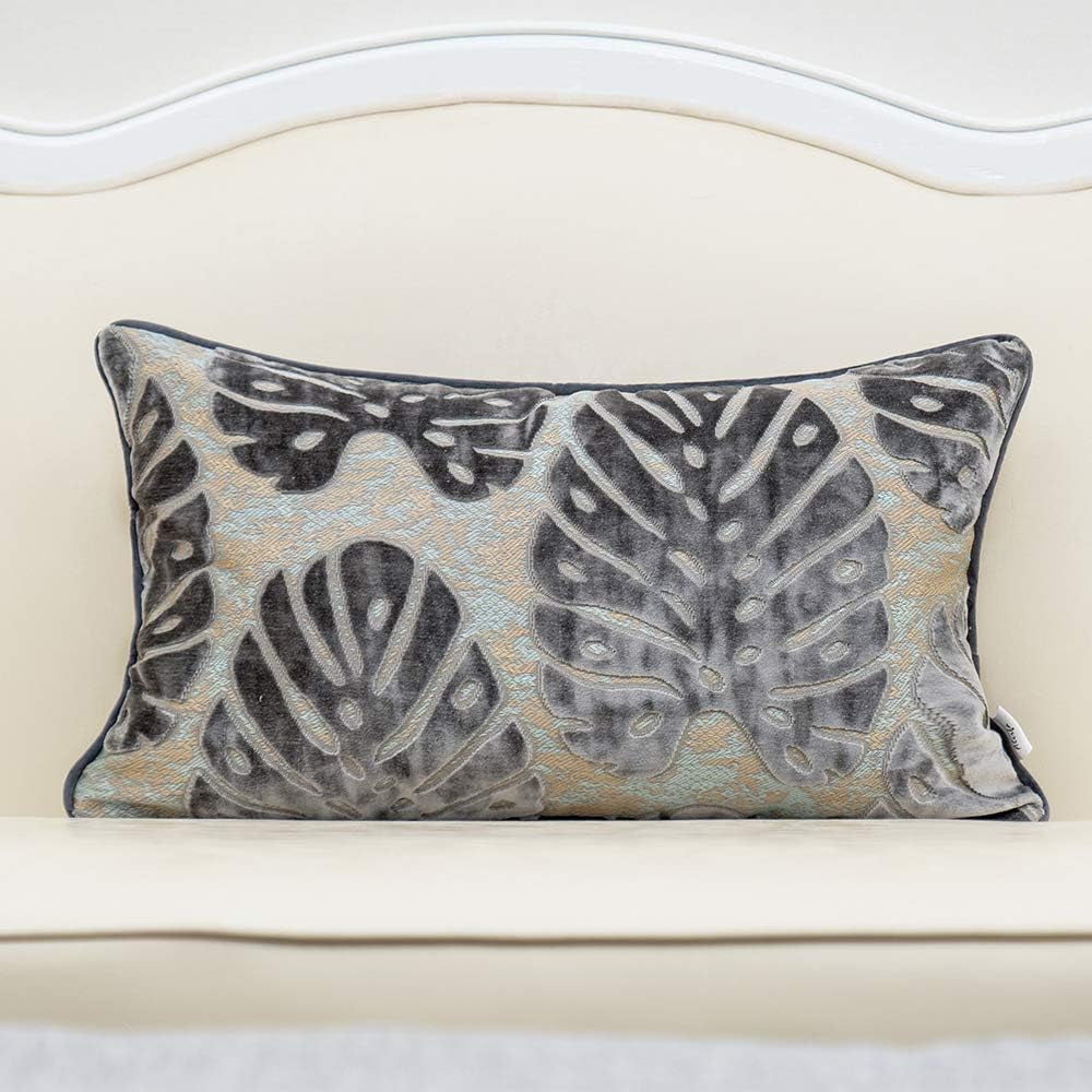 12 X 20 Inch Rectangle Leaf Pillow Embroidery Cut Velvet Cushion Case Luxury Modern Lumbar Throw Pillow Cover Decorative Pillow for Couch Sofa Living Room Bedroom Car, Gray Silver
