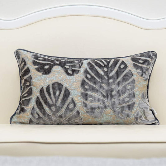 12 X 20 Inch Rectangle Leaf Pillow Embroidery Cut Velvet Cushion Case Luxury Modern Lumbar Throw Pillow Cover Decorative Pillow for Couch Sofa Living Room Bedroom Car, Gray Silver