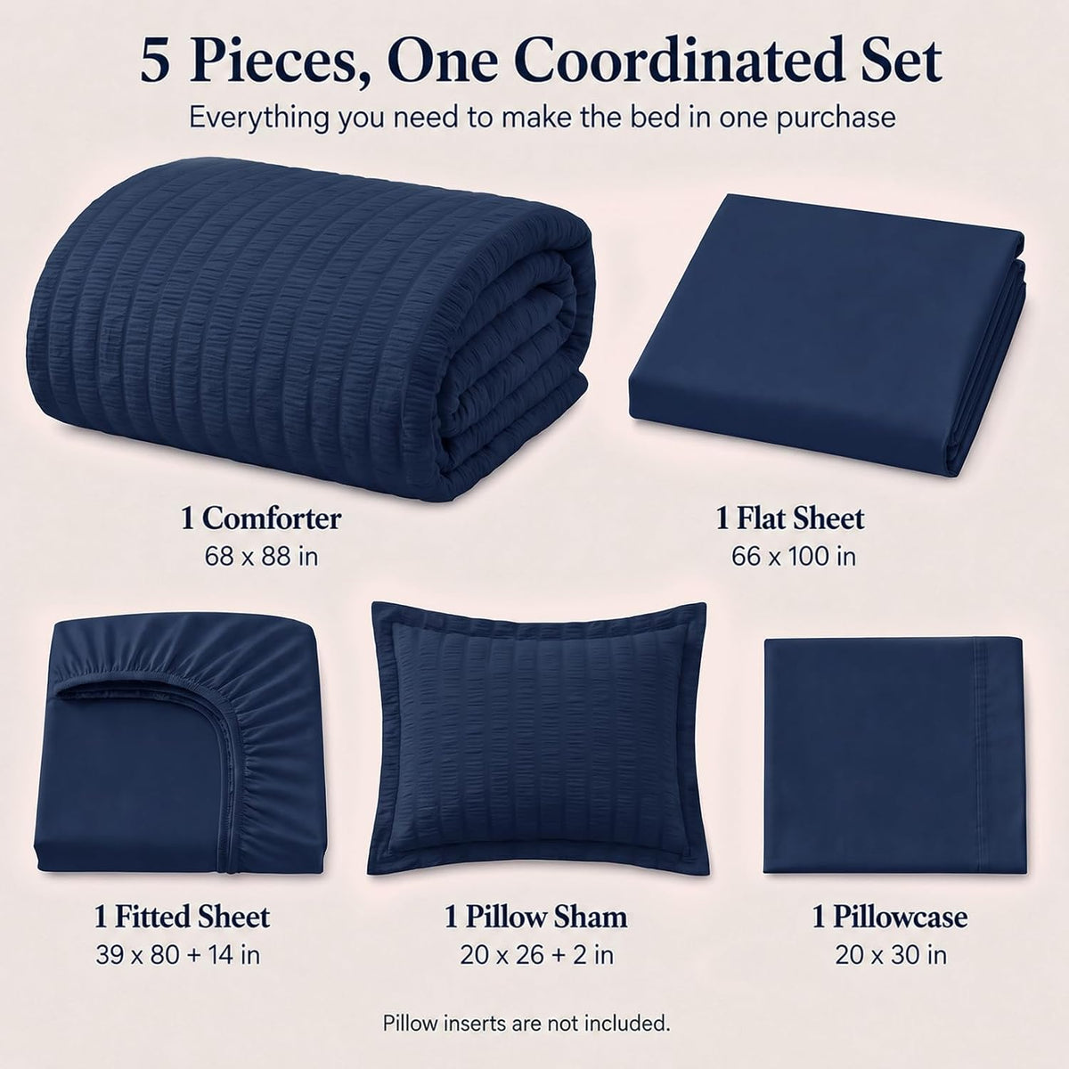 Twin XL Comforter Set, 5 Pieces Navy Blue Seersucker Bed in a Bag