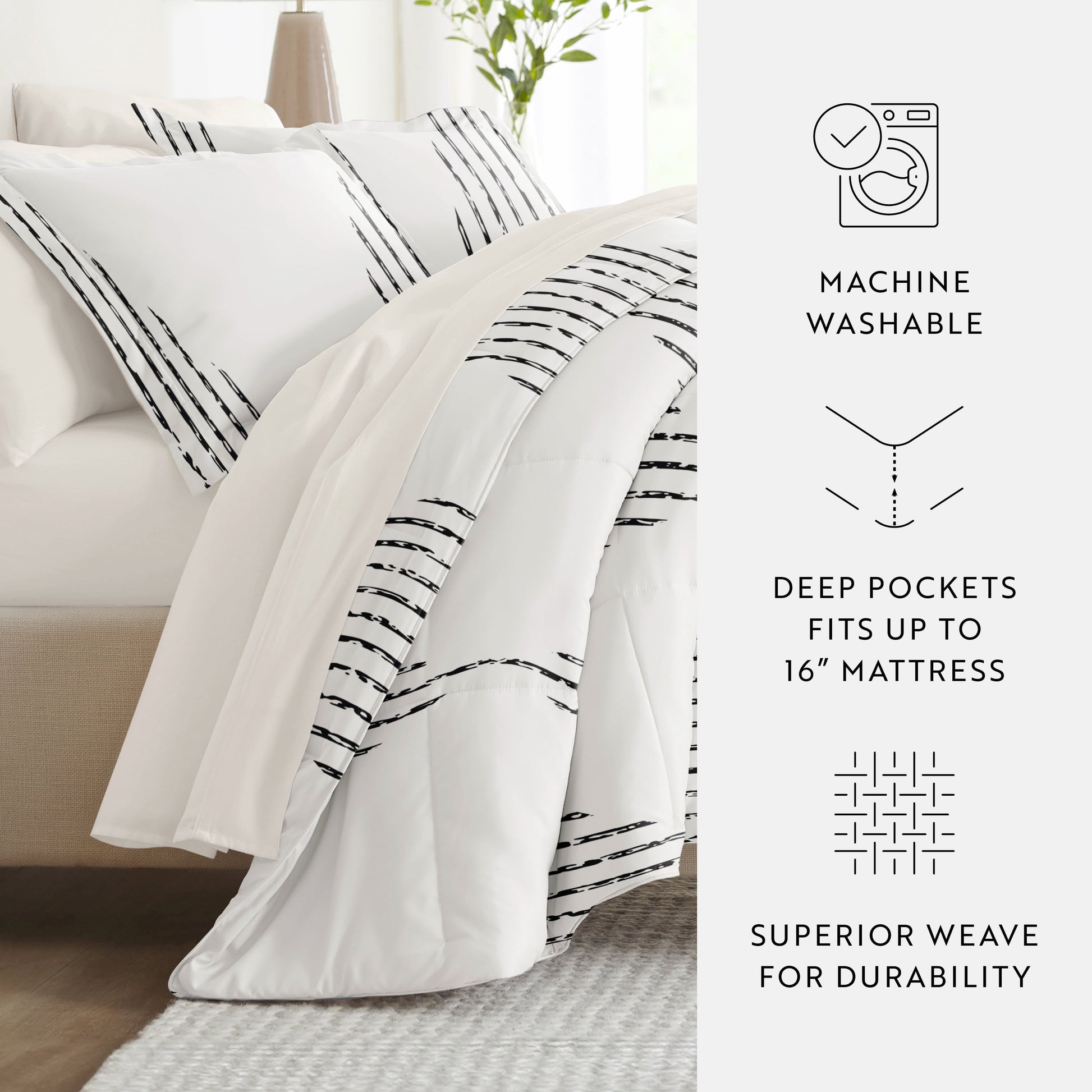 Full Bedding Bundle, Patterned Microfiber Comforter and Solid Sheet Set in Diamond Stripe Gray