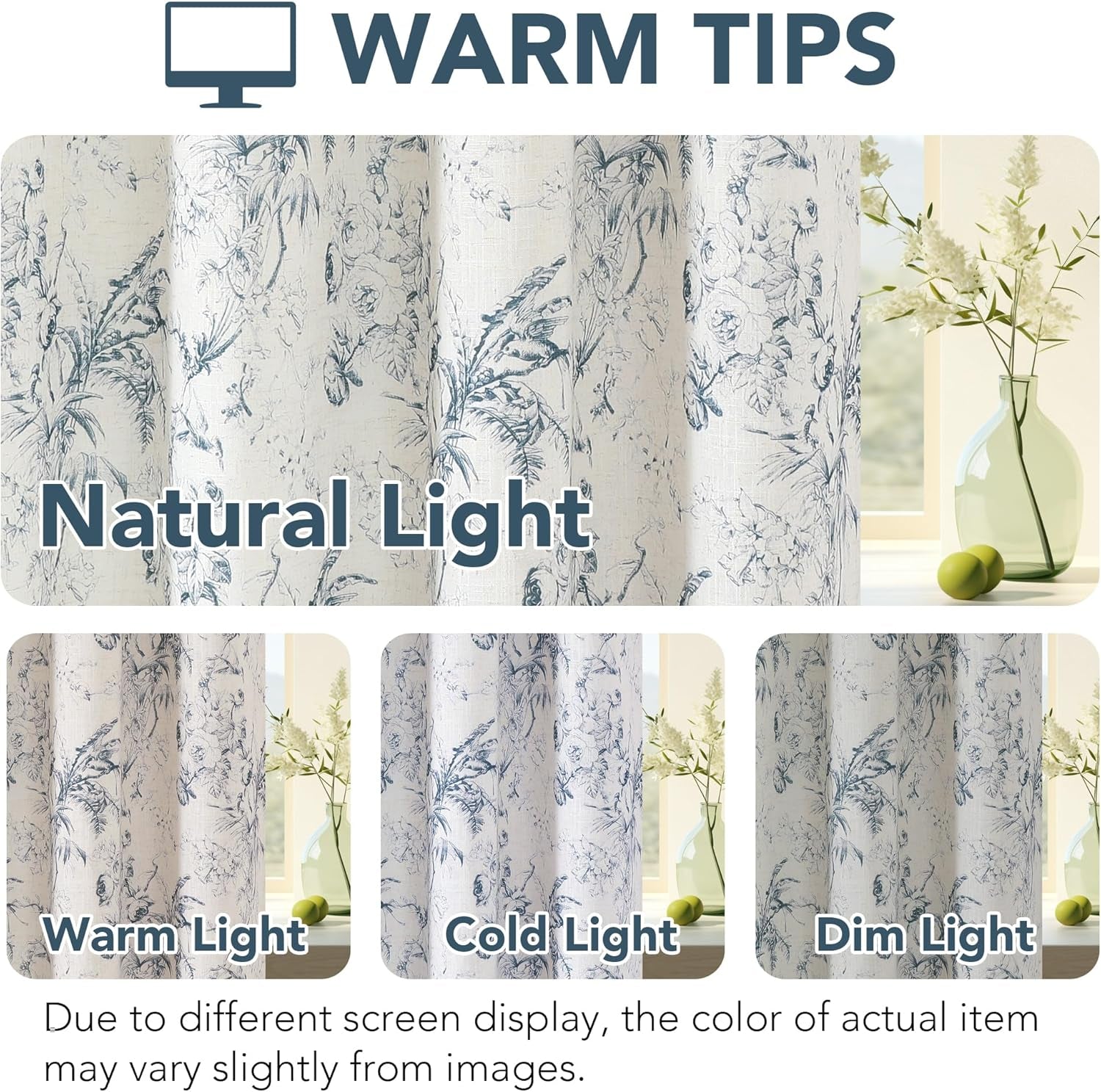 Linen Fabric Curtains for Living Room 96 Inches Long, Rich Semi Sheer Linen Curtains Floral Print Curtain Grommet, 2 Panels, 52" W X 96" L, Floral in Blue