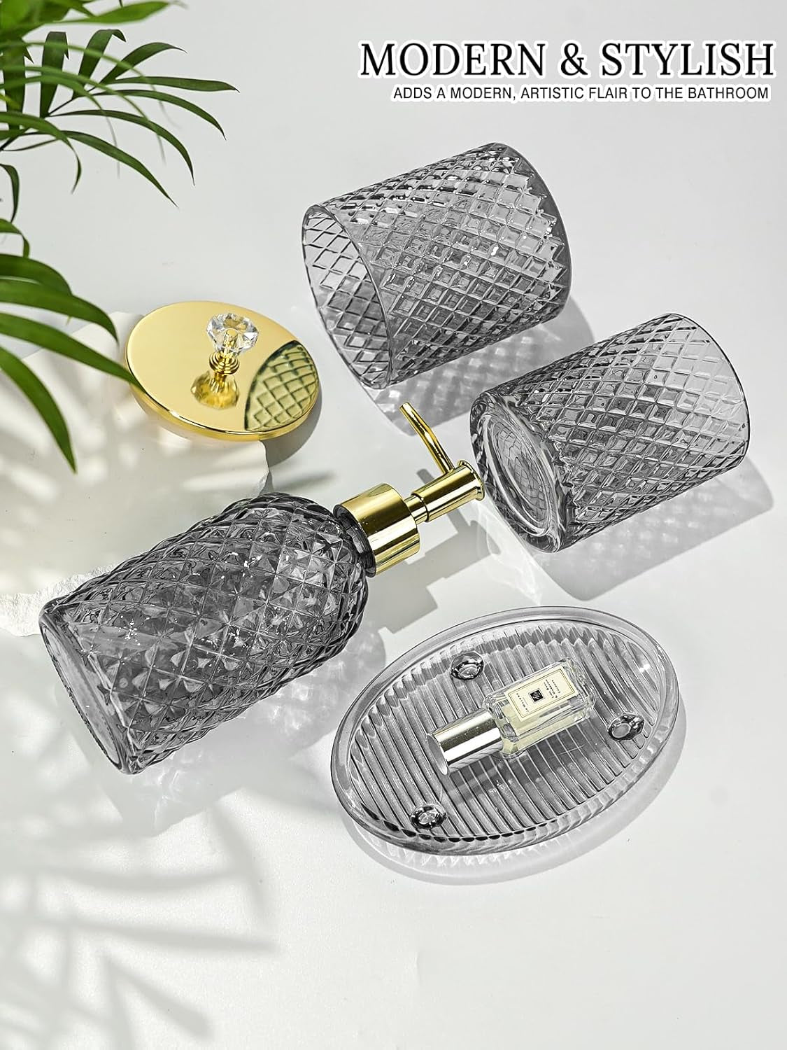 Gray Glass Bathroom Accessories Set, 4-Piece, Elegant Gold 