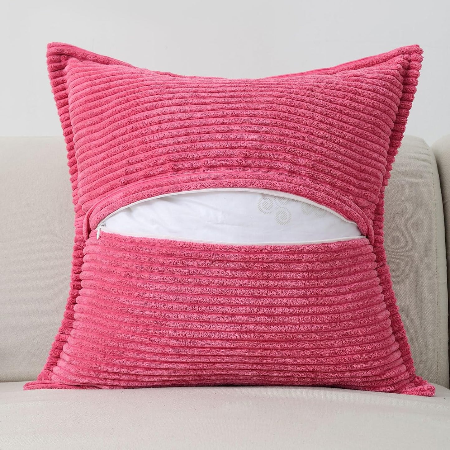 Hot Pink Throw Pillow Covers 18X18 Inch Set of 2, Soft Solid Corduroy Striped