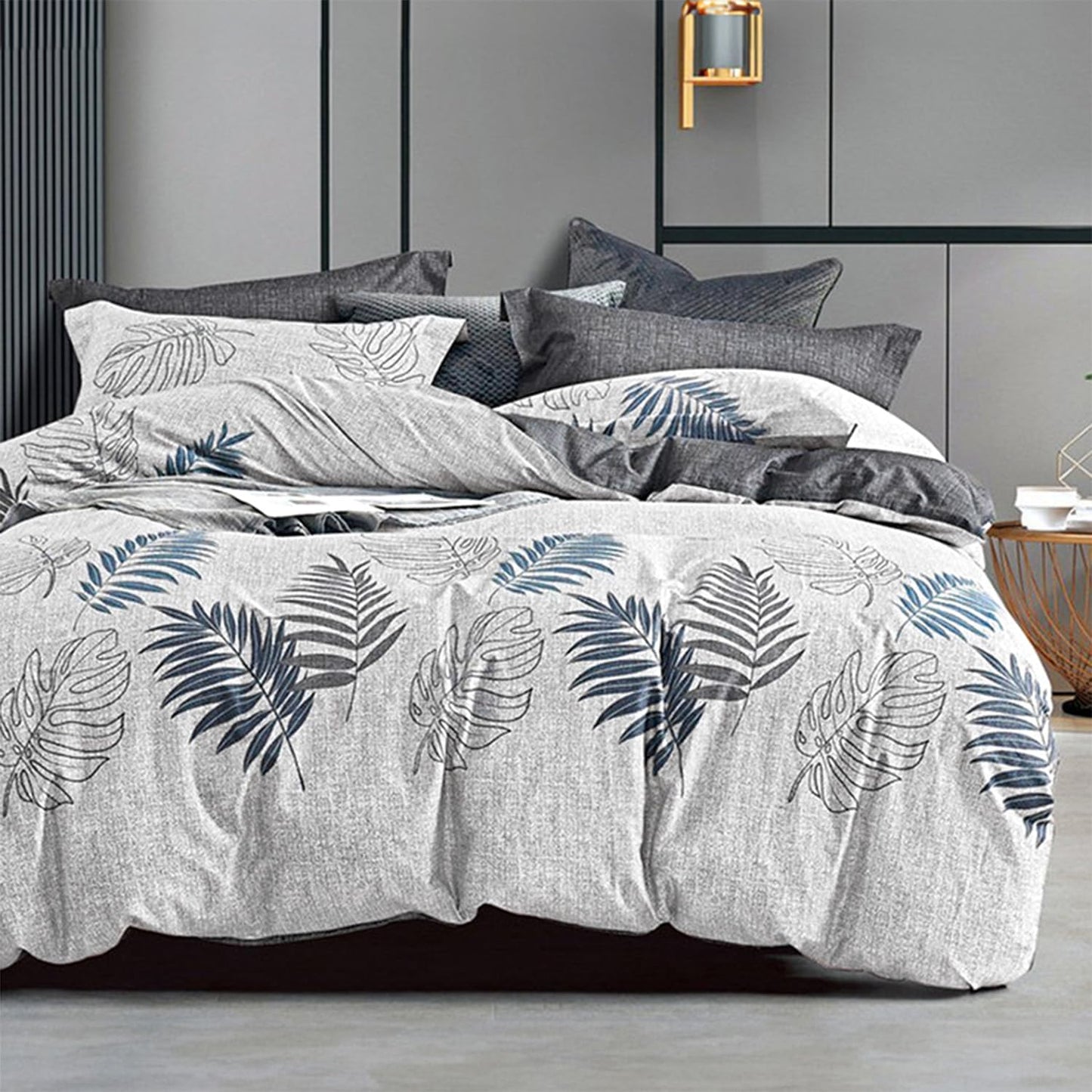 Botanical Comforter Set, Luxurious Blue & Gray Leaves on Gray (3pc Full/Queen)