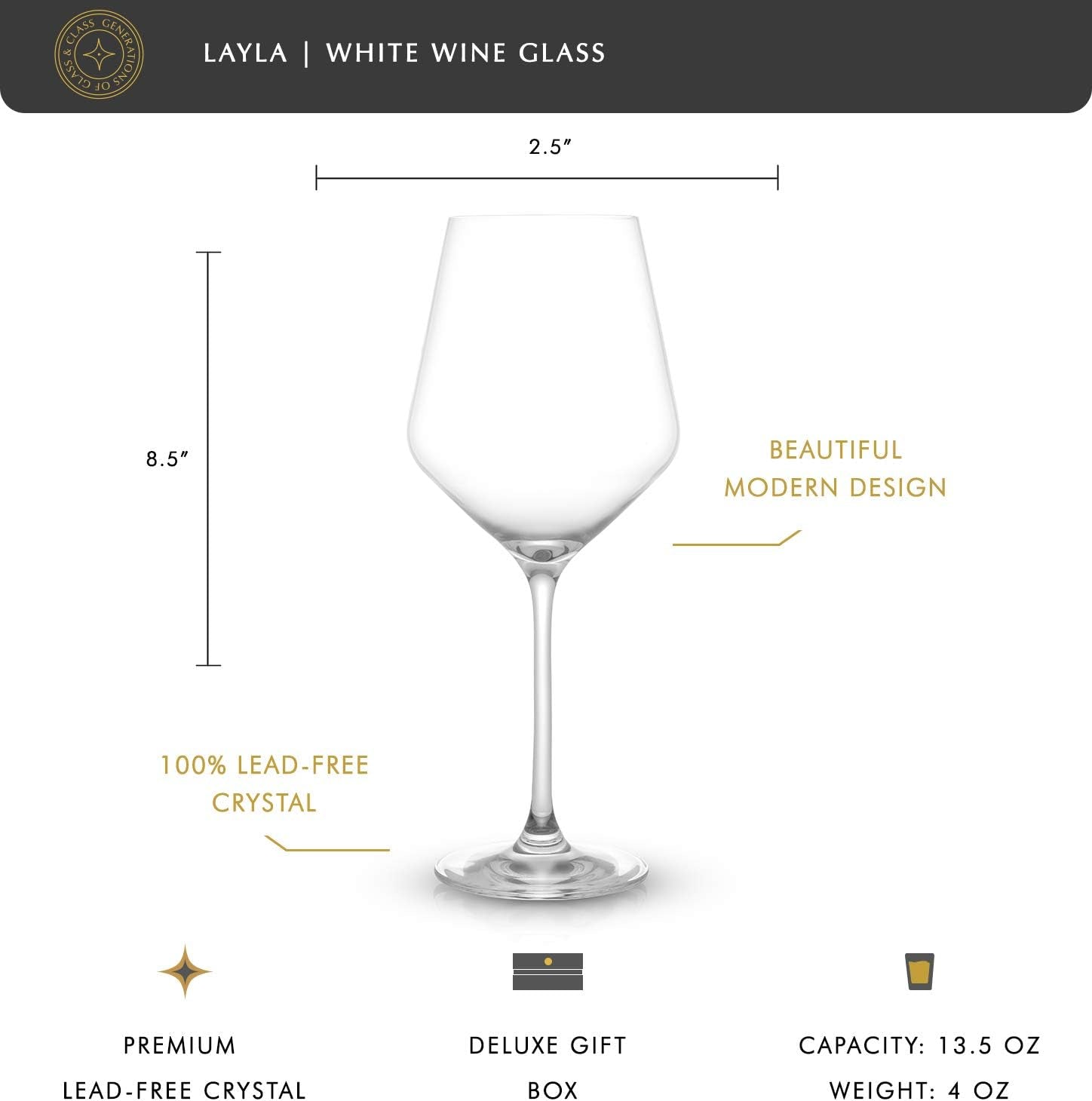 Layla White Wine Glasses, Set of 4 Italian Glasses, 13.5 Oz 