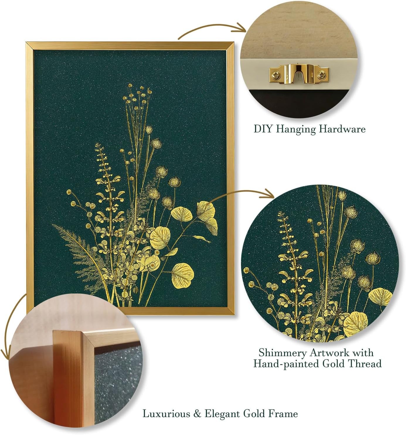 Hand-Painted Gold Gilded Wall Art, Luxury Emerald Green 3D Textured Floral Pictures with Frame 12X16 