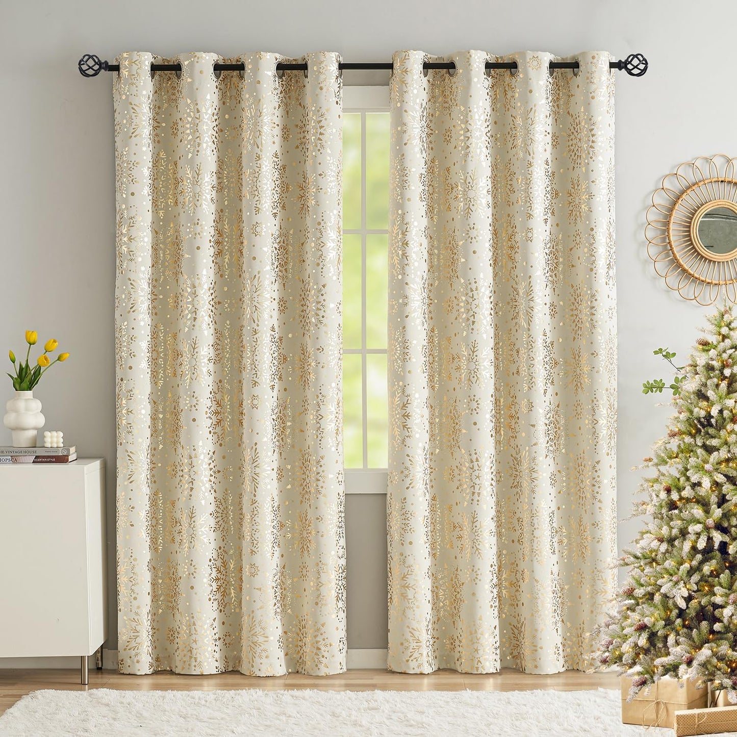 Ivory Gold Blackout Curtains Snowflake Print Curtain Panels 63Inch Medallion Floral Energy Saving 2Pcs