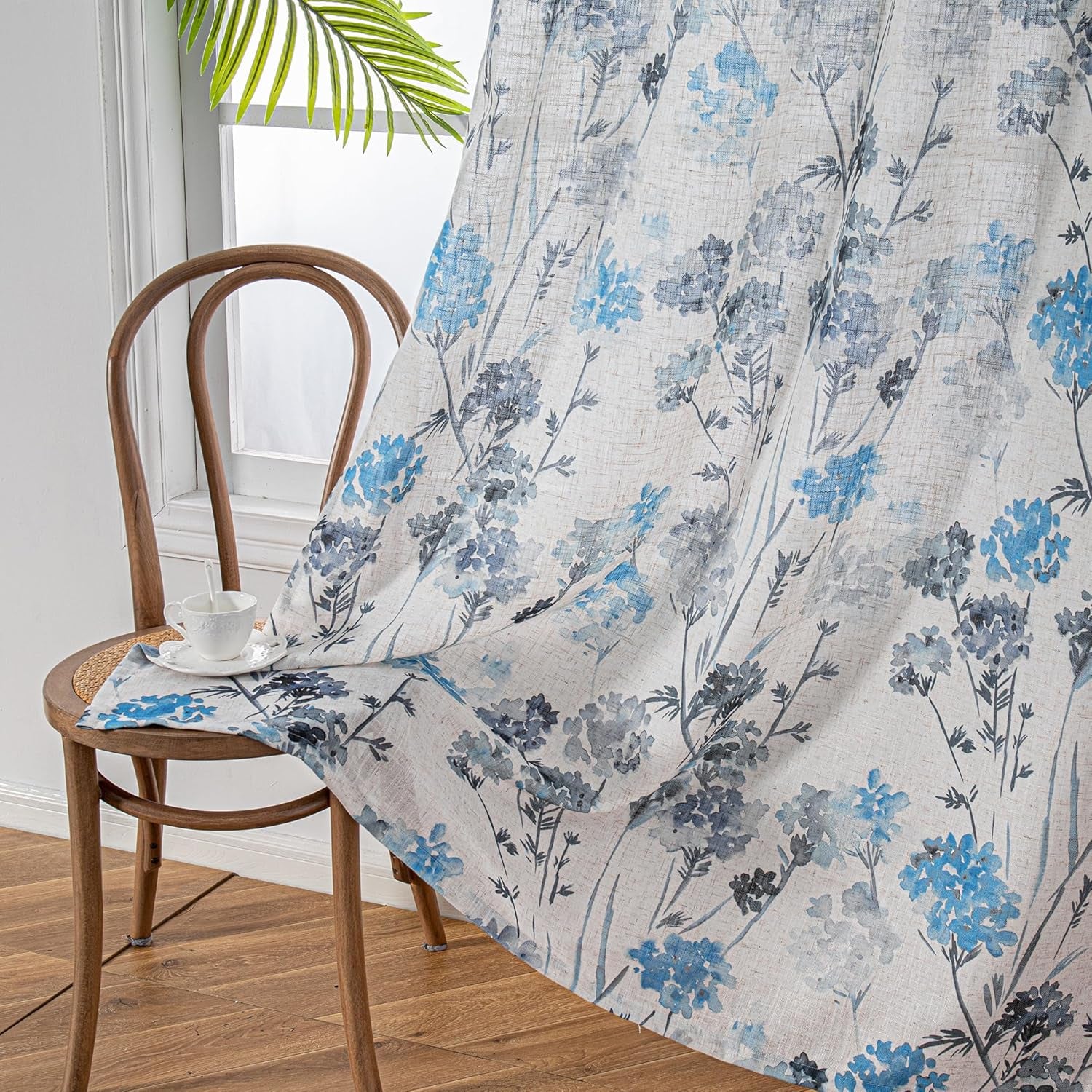 Linen Curtains for Living Room 84 Inch Length 2 Panels with Floral Pattern Semi Sheer Light Filtering, Navy Blue, 2 Pcs