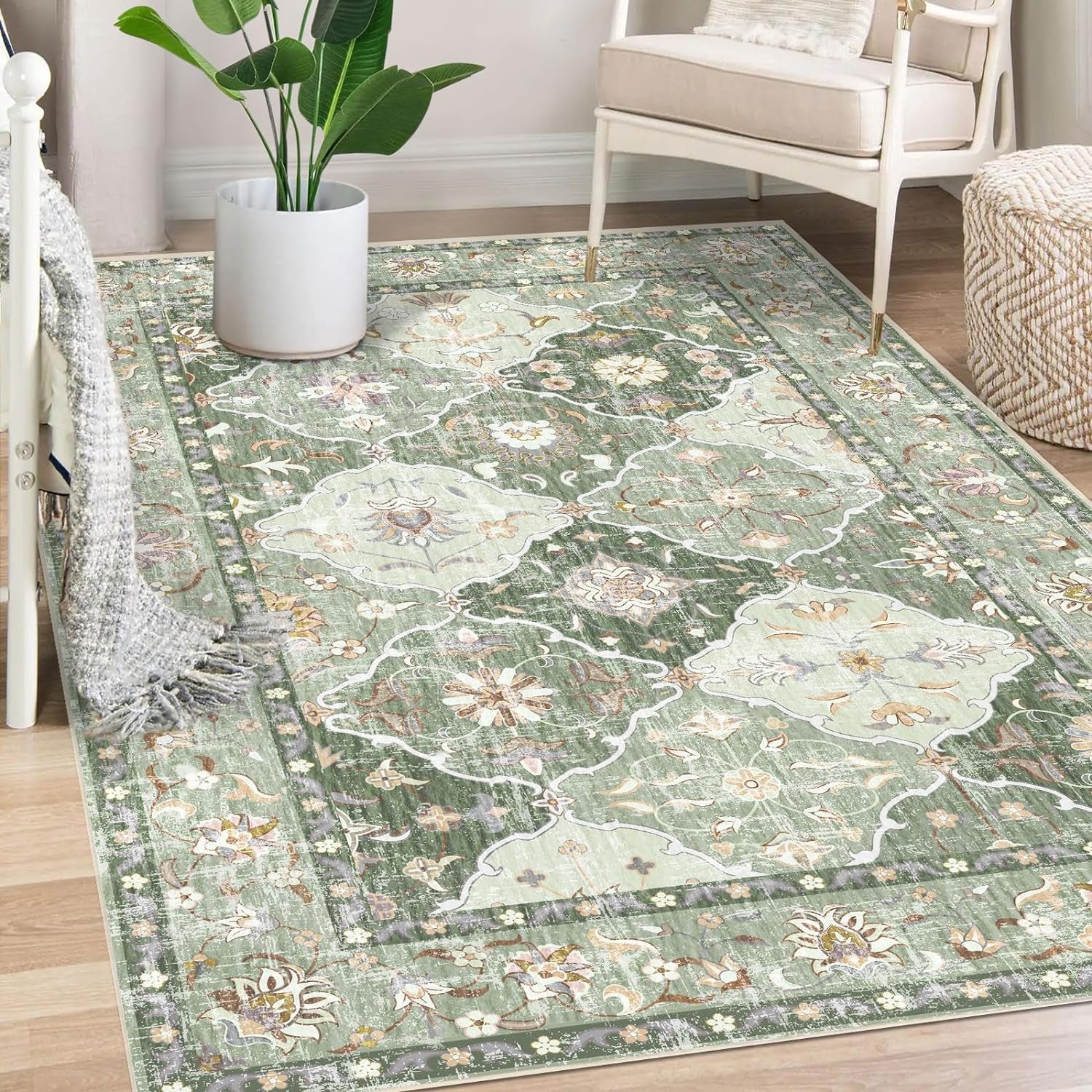 Boho Vintage Area Rugs 5×7 Traditional Green Carpet 