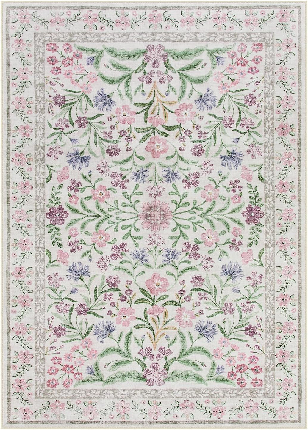 Boho Purple Floral Area Rugs, for Living Room, Nursery, and Bedroom,5X7, Pale Lilac/Pink