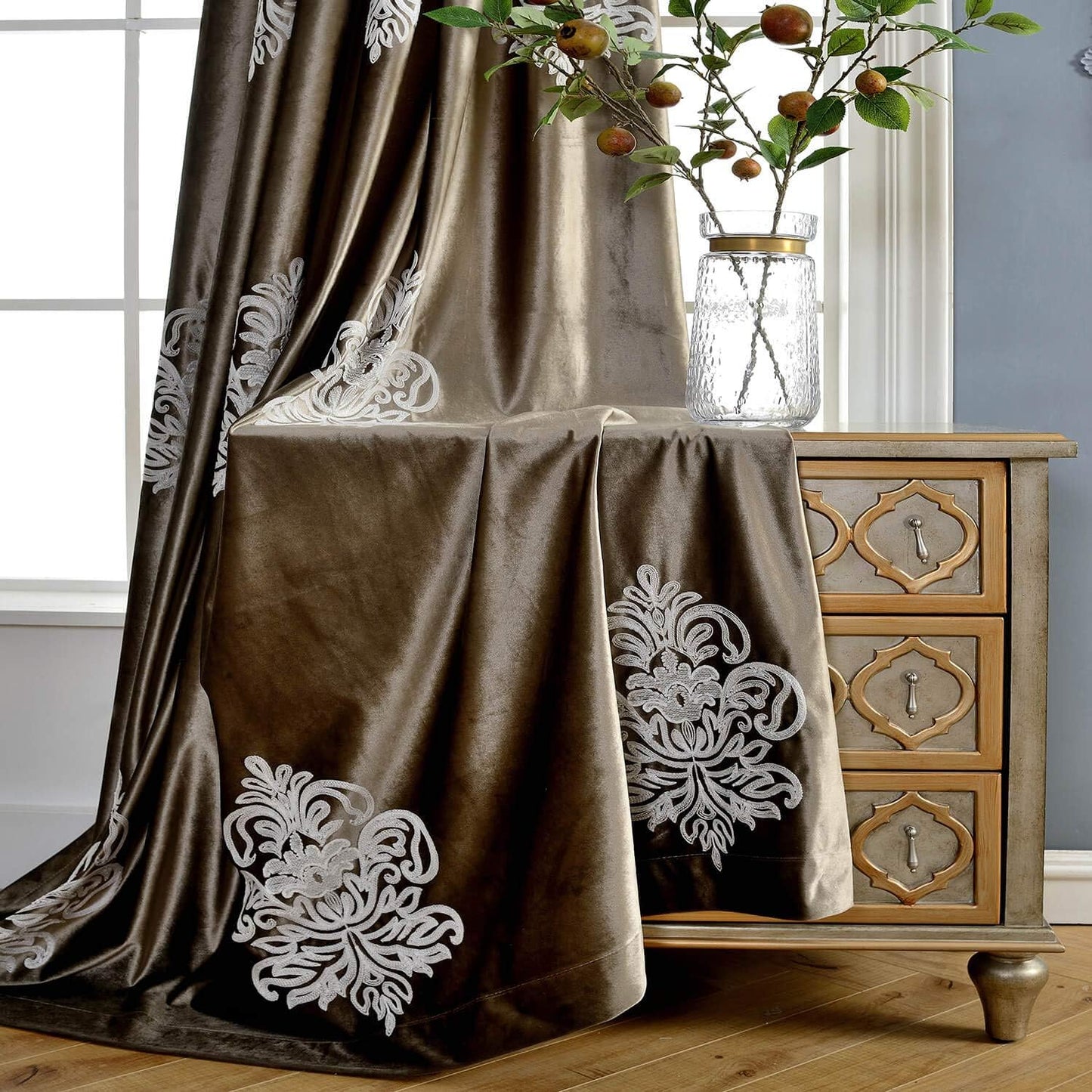 2 Panels European Floral Embroidered Curtains, Blackout Velvet, 52 by 63 Inch, Chocolate Brown