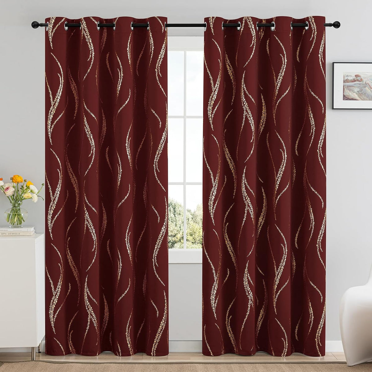 Burgundy Blackout Curtains for Livingroom Foil Print W52 X L84-Inch