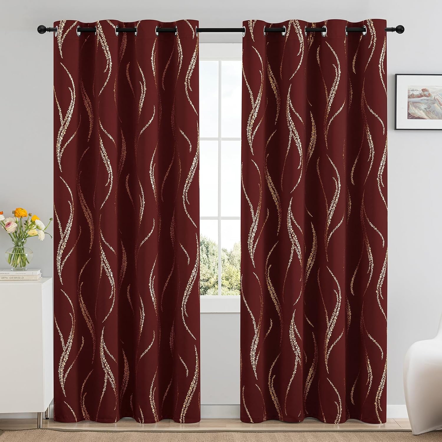 Burgundy Blackout Curtains for Livingroom Foil Print W52 X L84-Inch