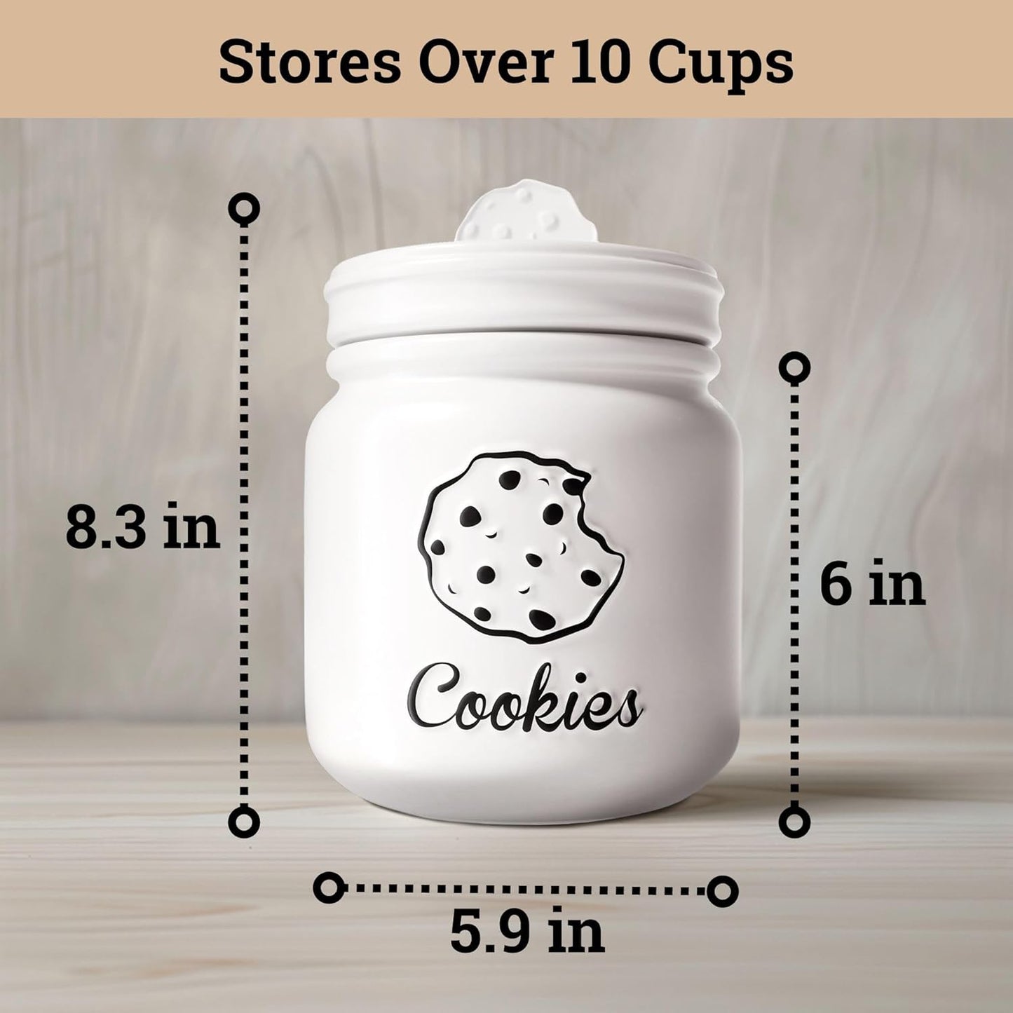Cookie Jar with Airtight Lid - 6" X 8" H Matte White Ceramic Cookie Jar with Rubber Lined Lid - Large Cookie Jars 