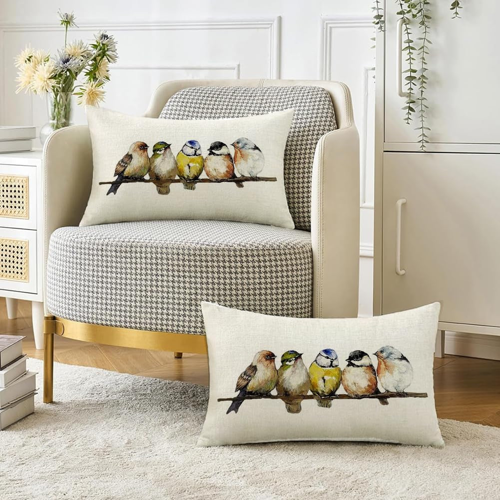 Watercolor Birds Pillows Decorative Throw Pillows 12X20, Hand-Painted Oil Painting