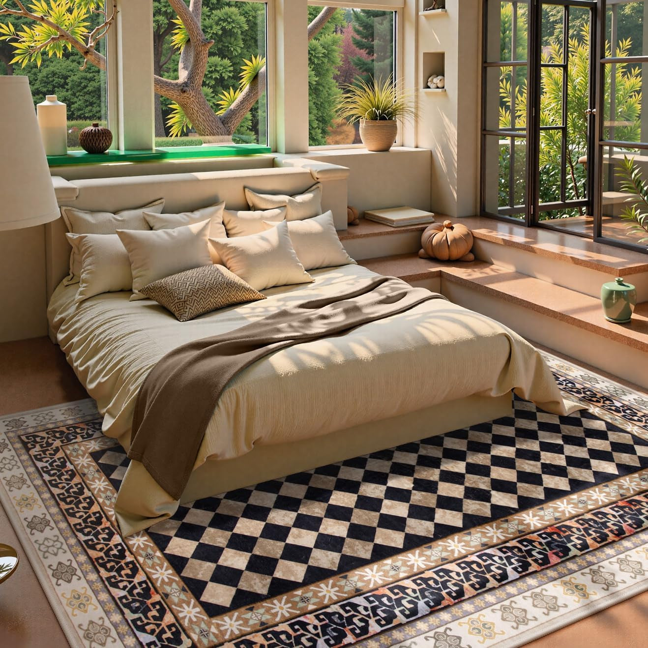 Washable Checkered 5X7 Area Rugs, Non-Slip Black and Brown (5X7)