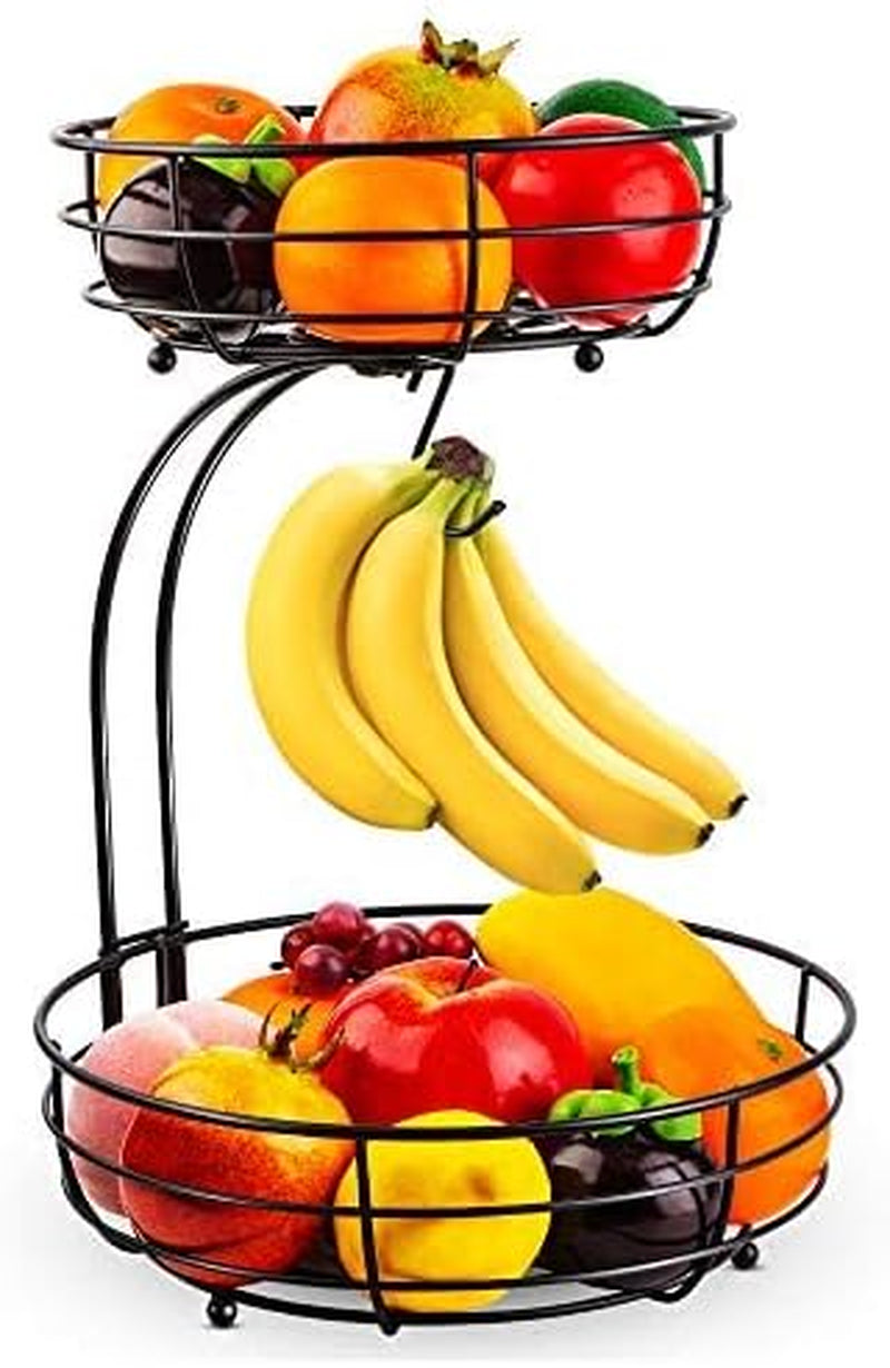 Iron 2-Tier Countertop Fruit Vegetables Basket Storage with Banana Hanger, Black, 64 Ounces