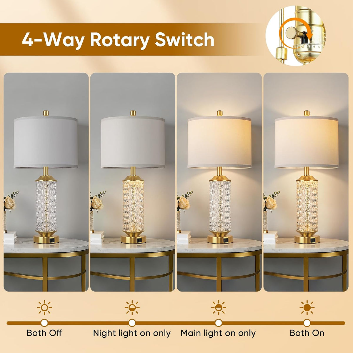 Glass Table Lamps Set of 2, Modern Gold Lamps, Two 2700K LED Bulbs, High-Transparency Glass Body