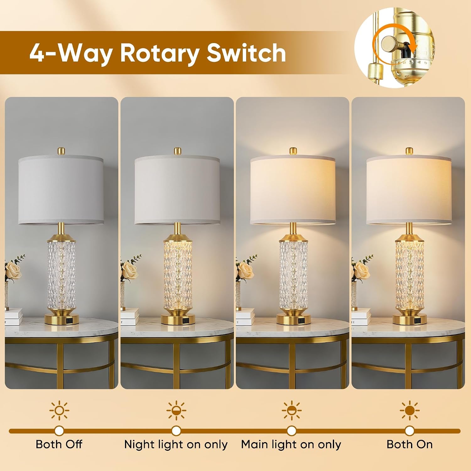Glass Table Lamps Set of 2, Modern Gold Lamps, Two 2700K LED Bulbs, High-Transparency Glass Body
