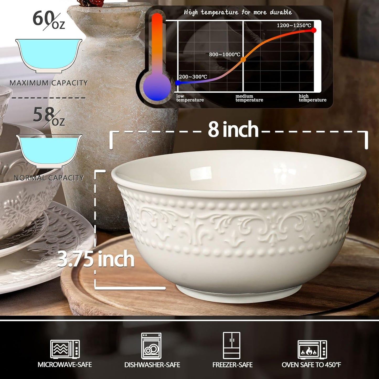 Large Salad Bowls Set of 4, 60Oz White Serving Bowls Deep Embossed Ceramic 8 Inch (Multiple Patterns)