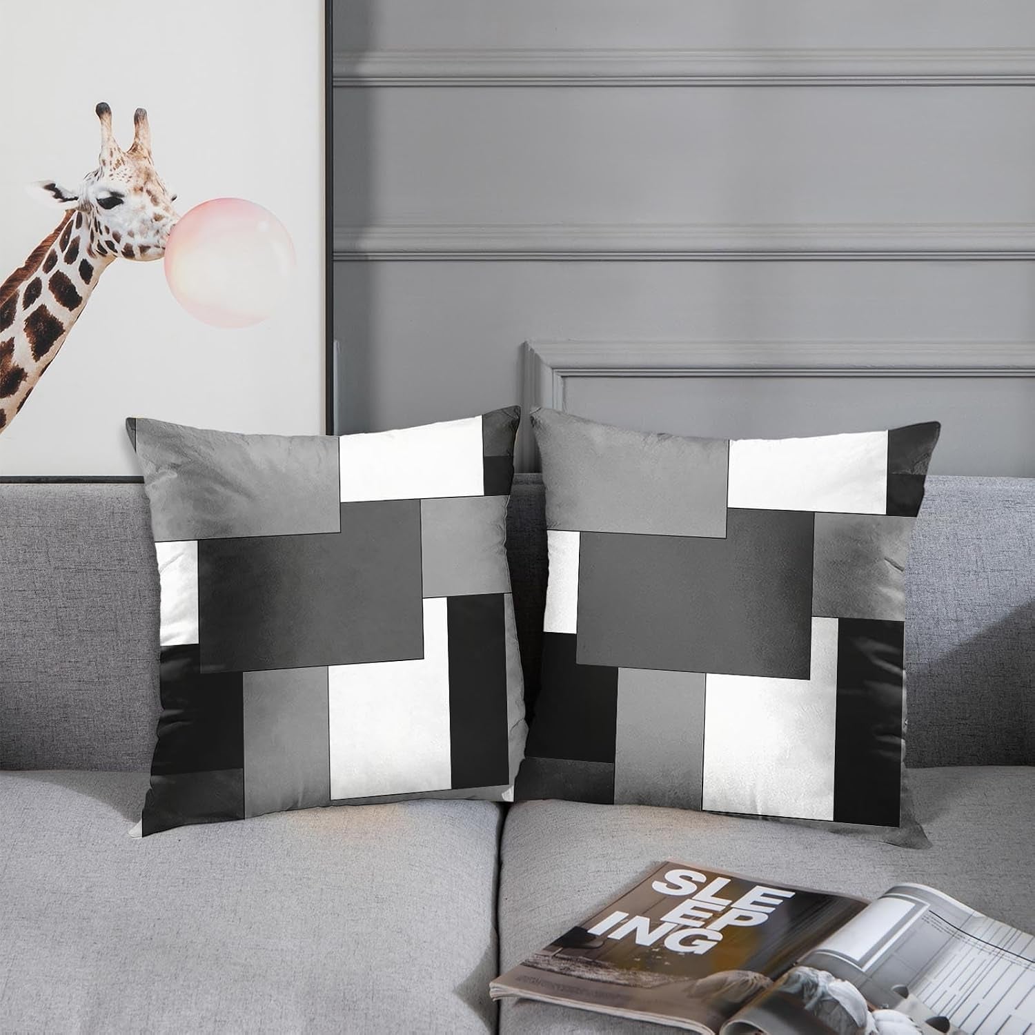 Throw Pillow Covers Set of 2, 18 X 18 Inch, Black Gray White