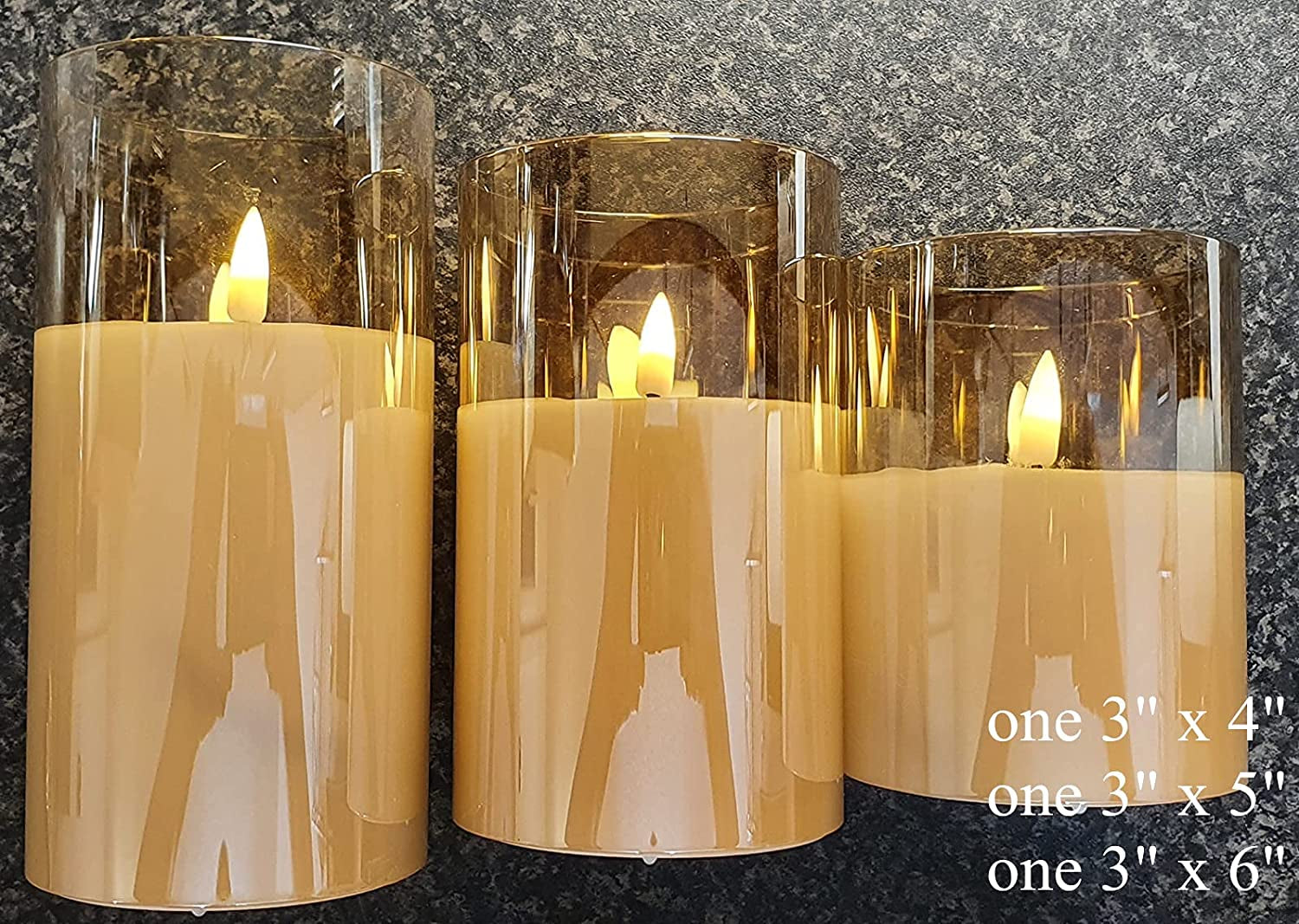 Gold Glass Flameless Pillar Candles with Remote, Flickering Battery LED Wax Candles Set of 3