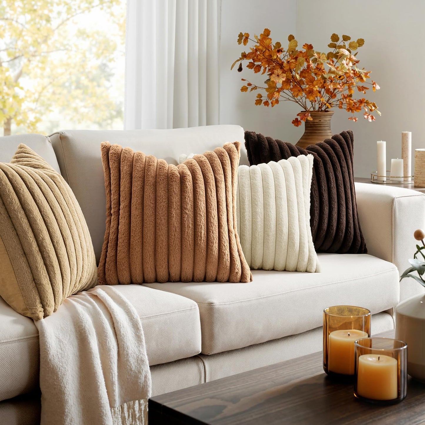 Faux Fur Plush Decorative Throw Pillow Covers 18X18 Set of 4,Brown