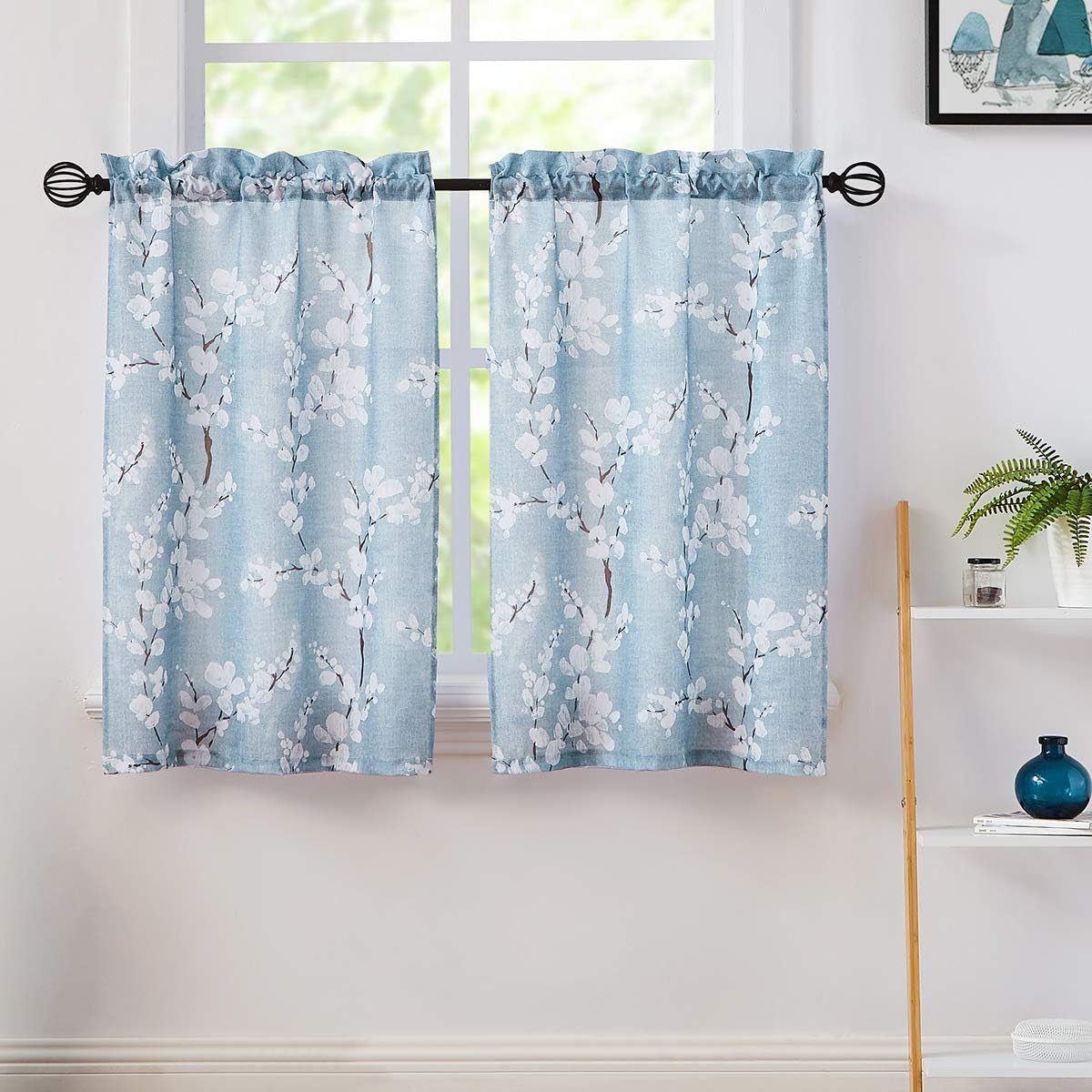 Blue White Tier Curtains 36 Inch Length for Kitchen Windows White Blossom Floral Print 2 Panels