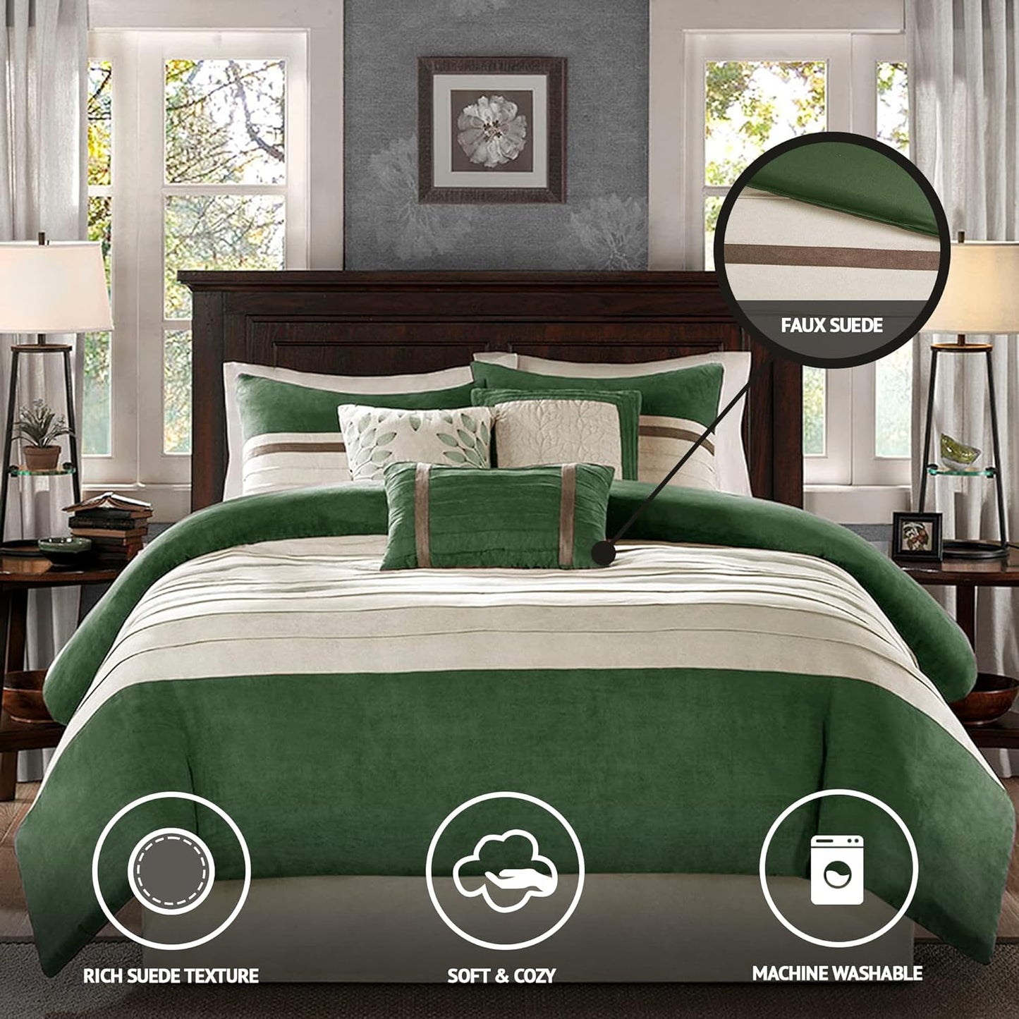 California King Cozy Comforter Set-Luxury Faux Suede Design, Green, (104 in X 92 In)