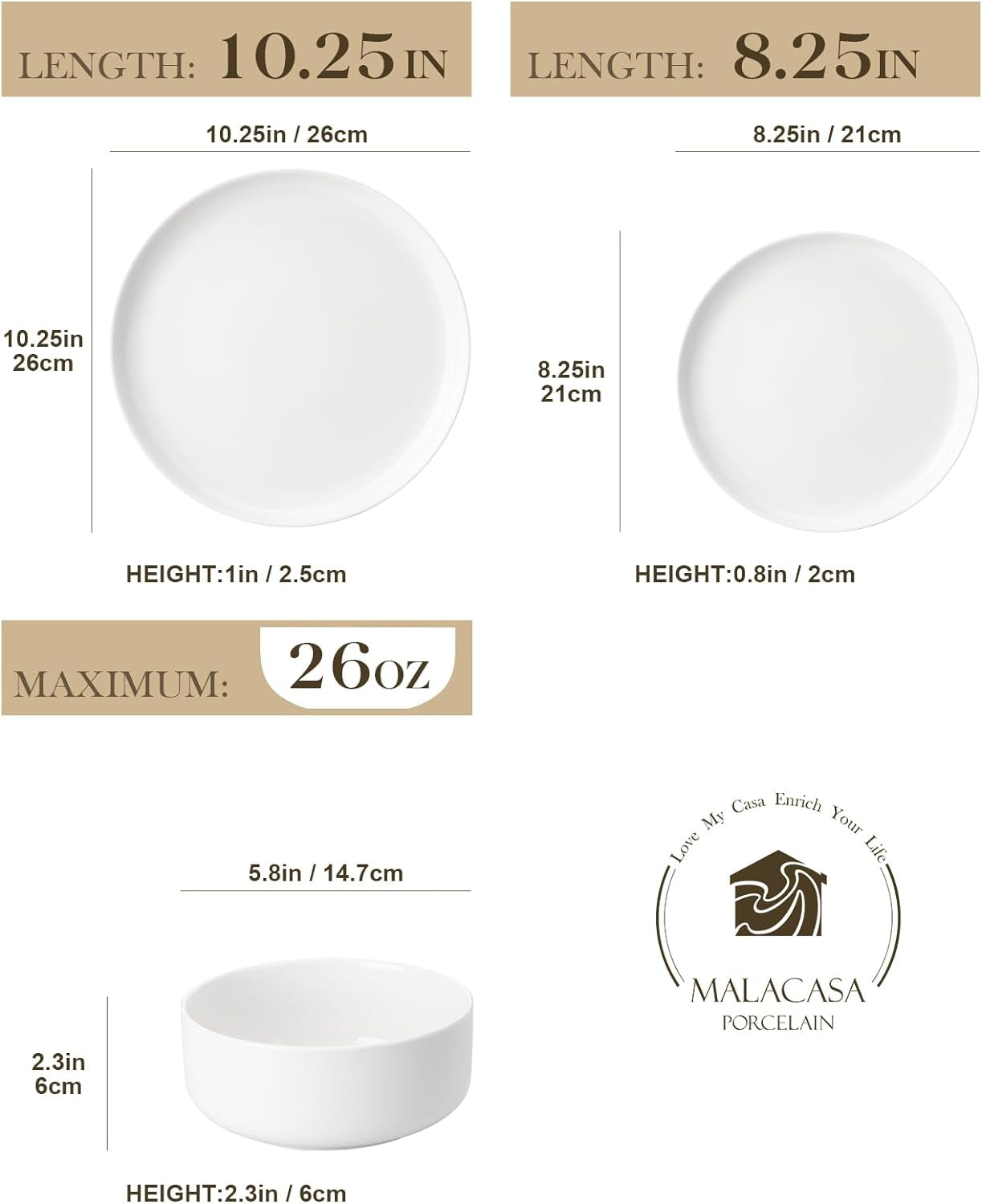 Plates and Bowls Sets, 12 Pieces Porcelain Dinnerware Sets White, Series LUNA