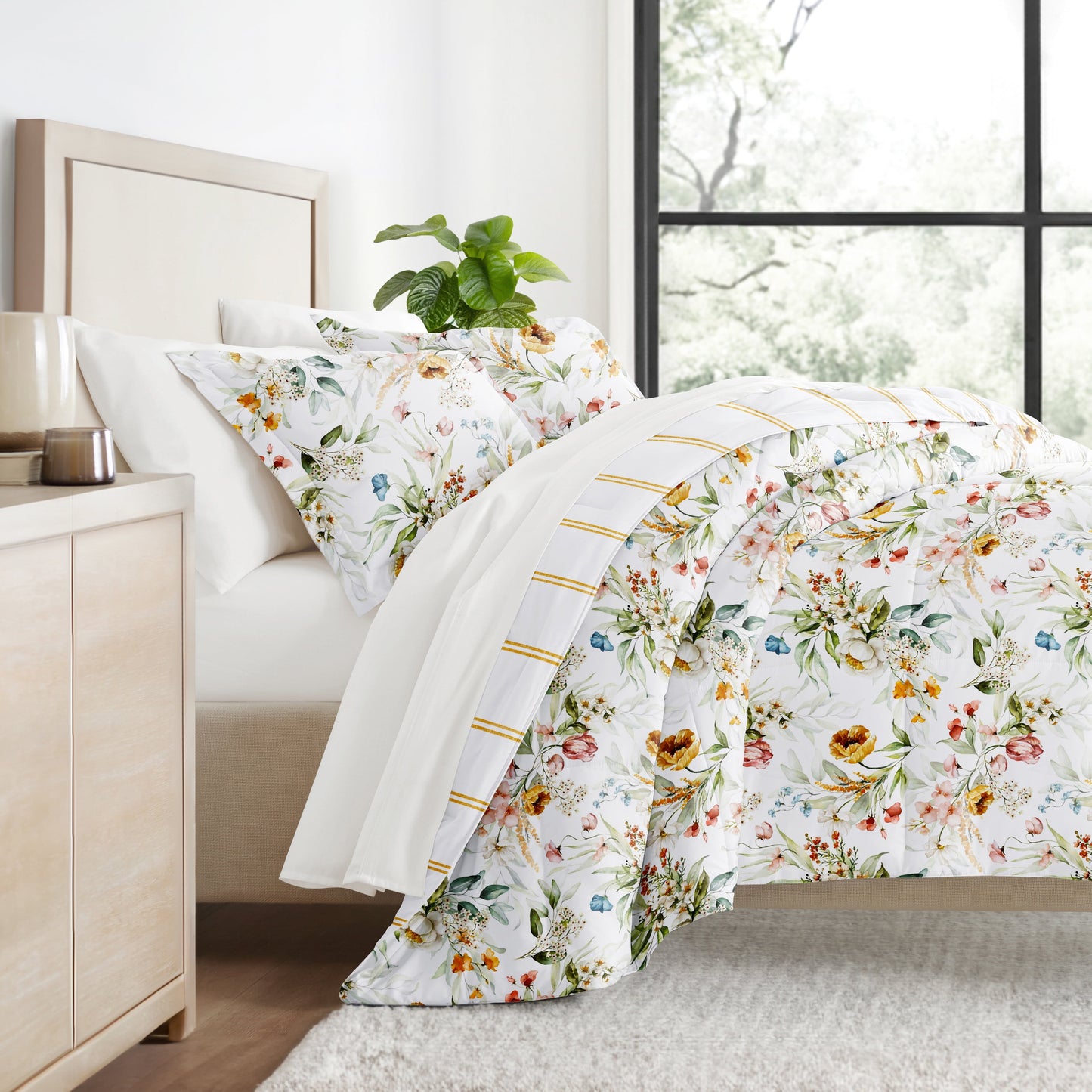 - Twinxl Bedding Bundle, Patterned Microfiber Comforter and Solid Sheet Set in Cabbage Chintz Floral Stripe Clay