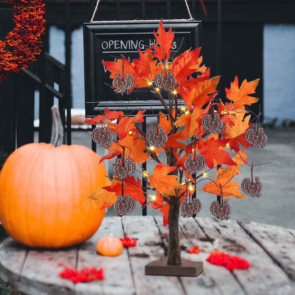 Fall Decorations for Home, 24IN 24LT Lighted Fall Maple Leaves , 2FT Brown Battery Powered