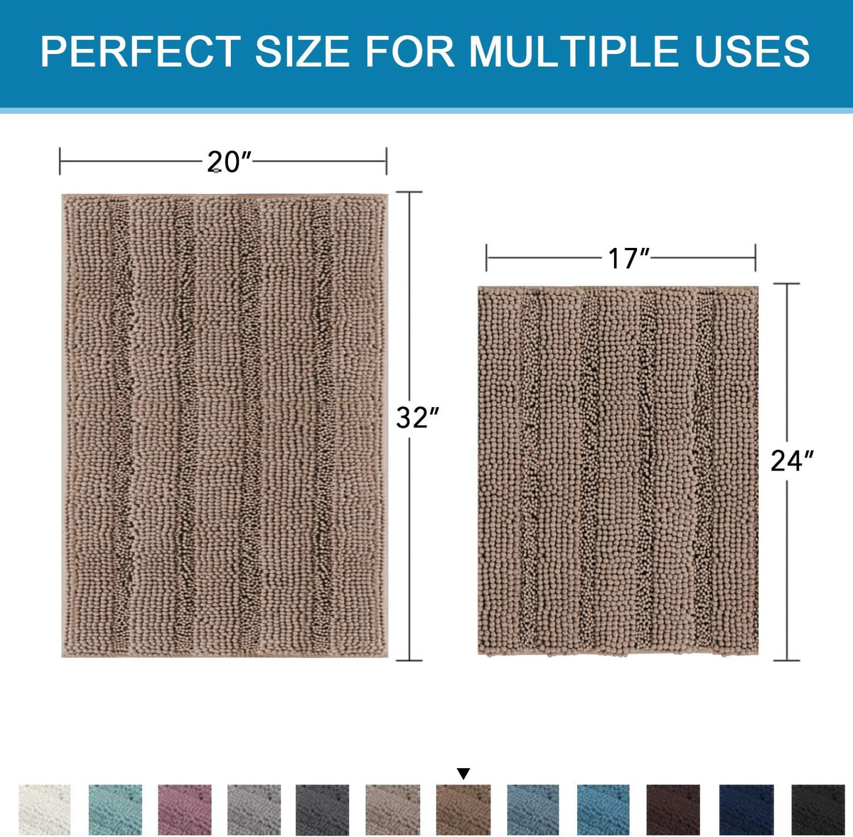 Chenille Bathroom Rugs Sets, 2 Piece Extra Soft and Absorbent Striped Floor Rugs, Taupe Brown