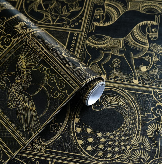 Vintage Peel and Stick Wallpaper Black and Gold Contact Paper, 394"X17.7" Peel and Stick Removable Animal Pattern