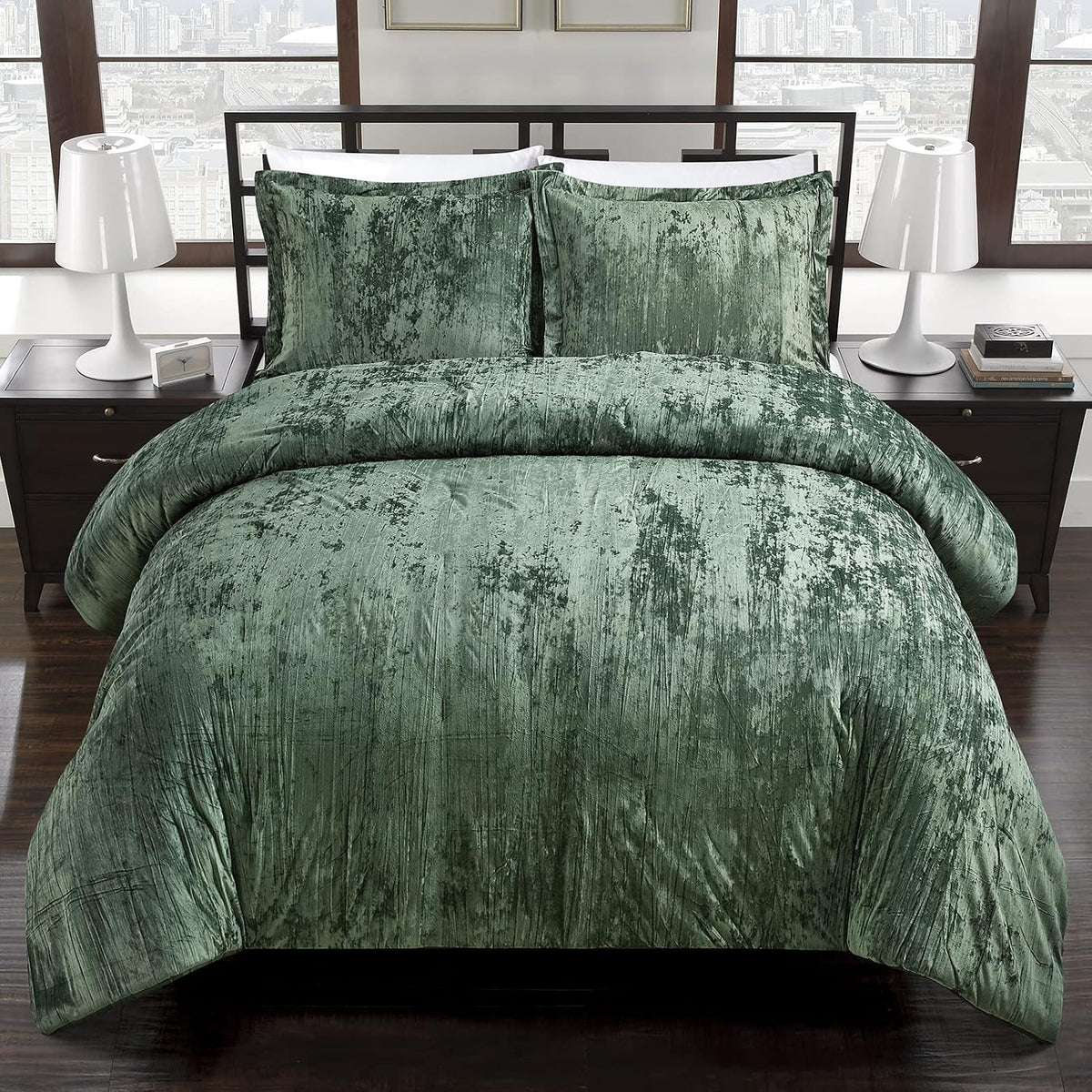 Crinkle Velvet Comforter Set (Blackish Green, King)