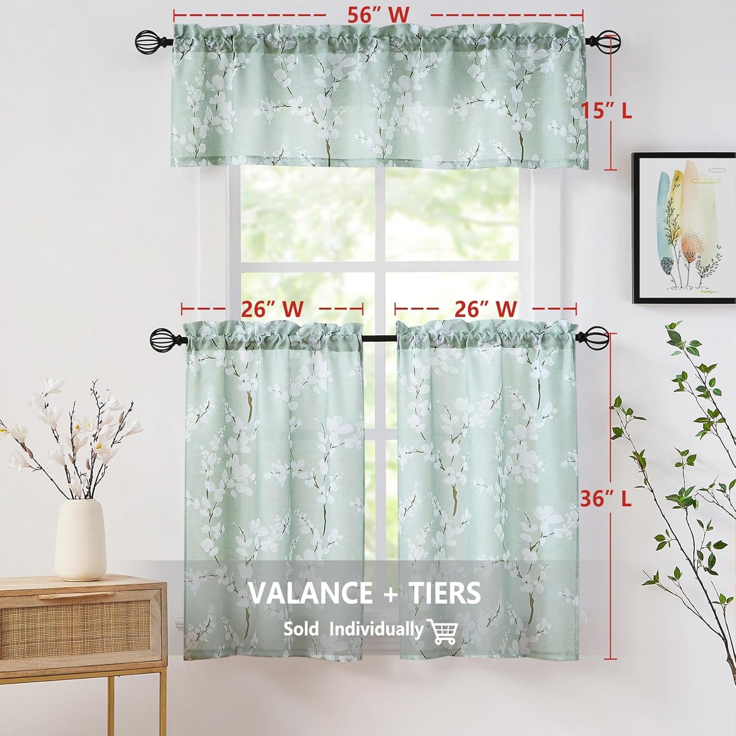 Blossom Floral Printed Tier Kitchen Curtain 36 Inch Length Green White Botanical Design 2 Panels