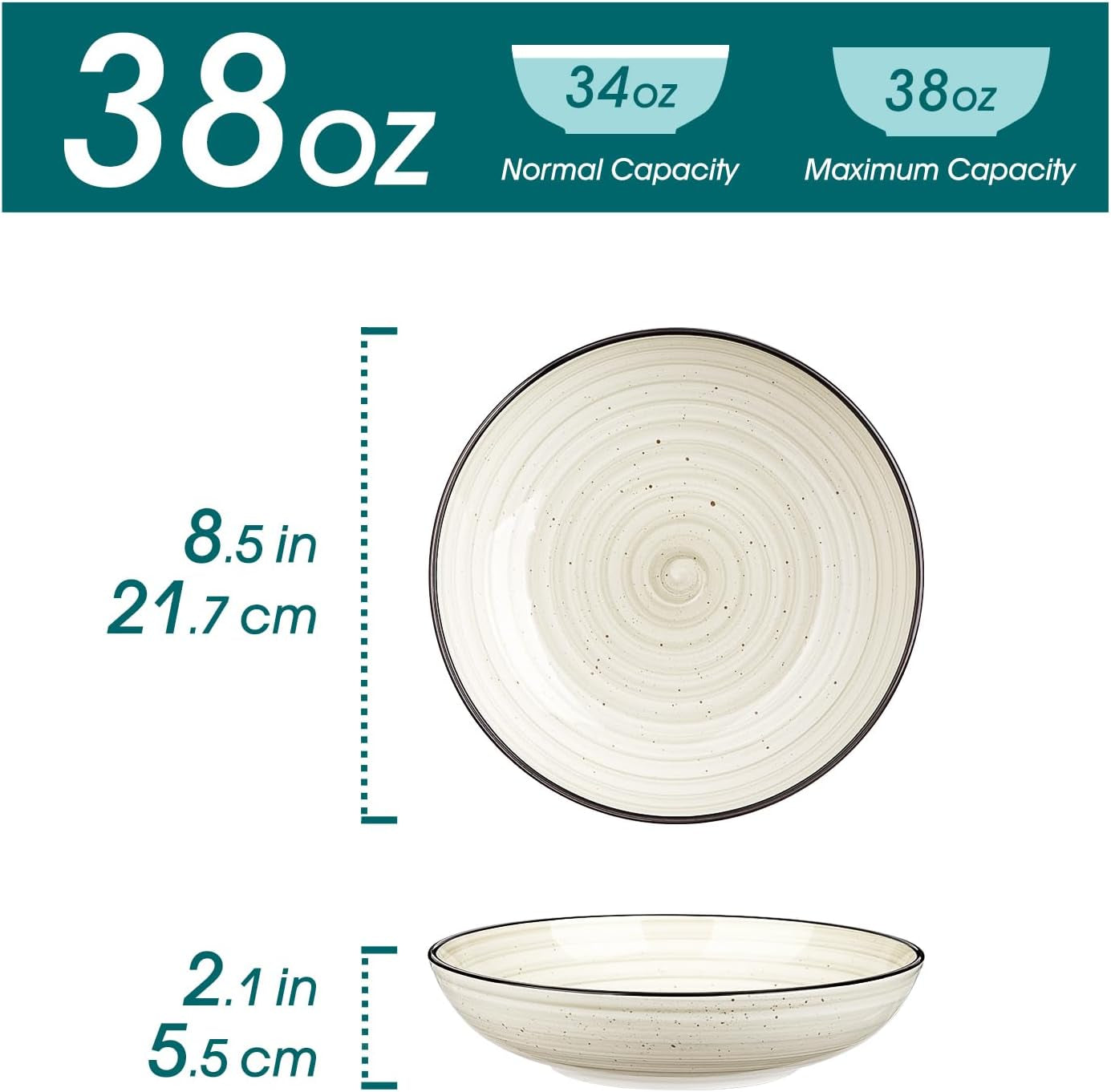 Bonbon Pasta Bowls Set of 6, 38 Oz Ceramic Salad Bowls, Wide and Shallow Bowls Set, Large Serving Bowls for Kitchen, Beige