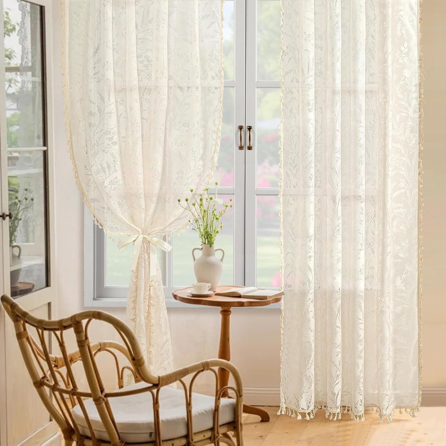 Boho Lace Curtains 84 Inch Length 2 Panels Beige Sheer Floral Leaf with Tassels, Semi Blackout Privacy Curtains 52"X84"