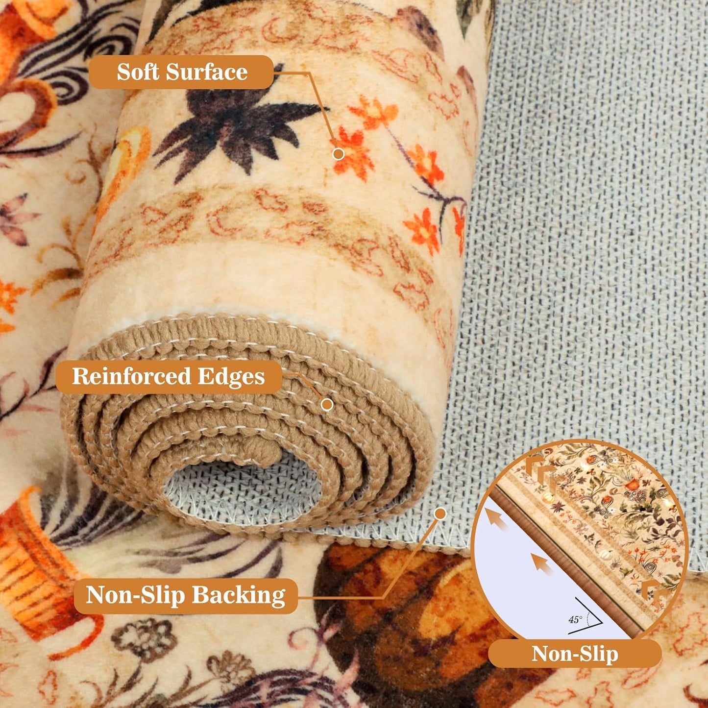 Pumpkins Fall Runner Rug Low Pile, Thanksgiving Kitchen Rugs 2X6Ft, Washable Holiday Mats for Kitchen Floor Non-Slip, Autumn Home Decor for Bedroom Entryway Laundry Room (Orange)
