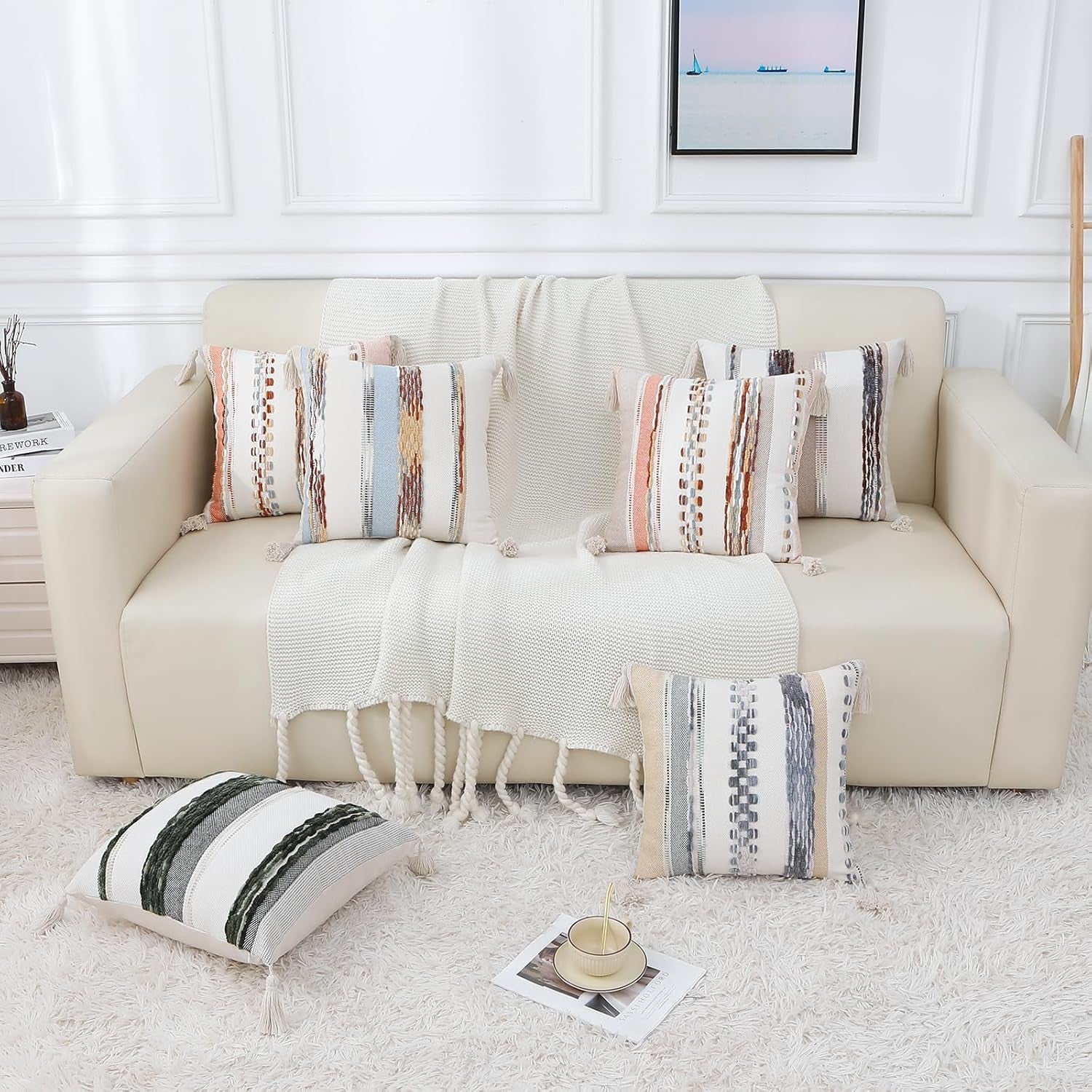 Boho Decorative Throw Pillow Covers 18X18 Set of 2, Cream White and Khaki