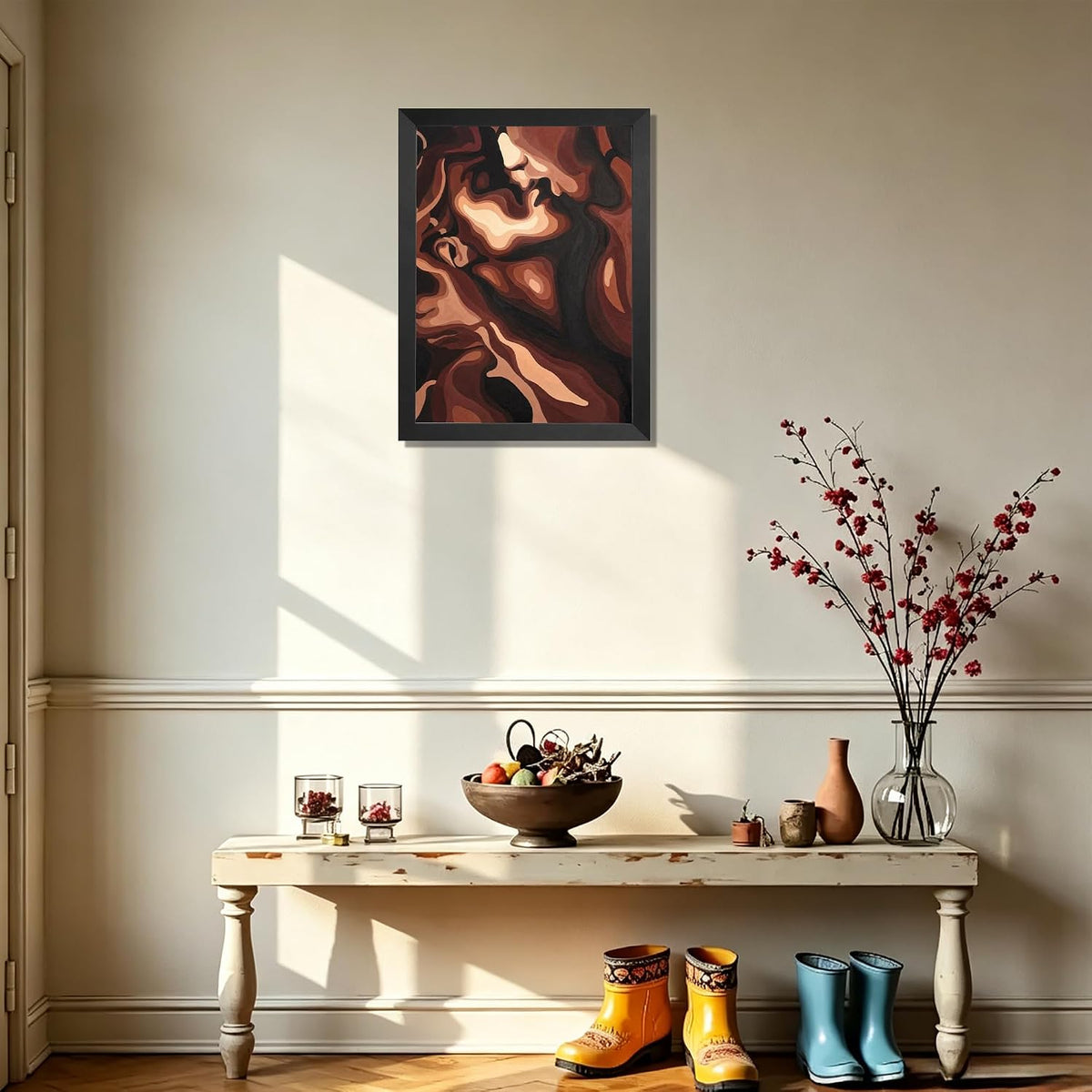 Abstract Swirling Face Wall Art, Expressive Brown & Beige Oil Painting Print, Modern Emotional Decor for Living Room or Office, Black Pine Frame with Adhesive Strips Included