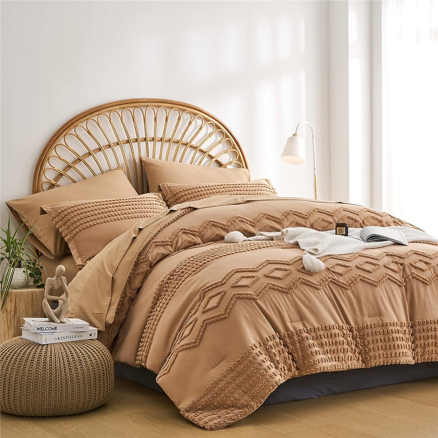 Khaki Tufted Comforter Set, King Size 7 Piece Bed in a Bag, Shabby Chic Boho Comforter and Sheet Set, All Season (Khaki,King)