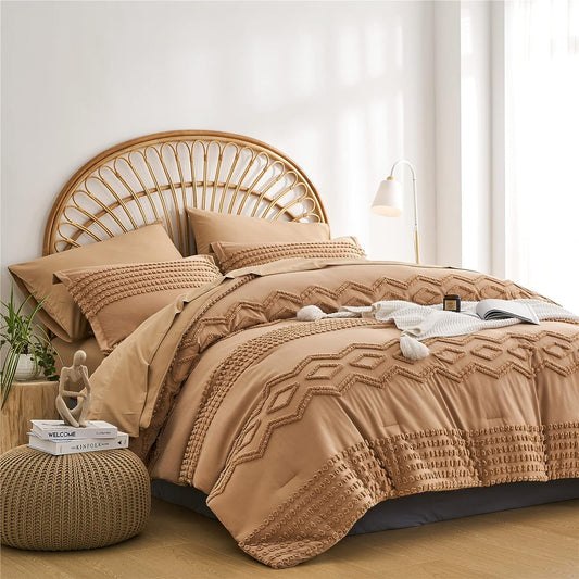 Khaki Tufted Comforter Set, King Size 7 Piece Bed in a Bag, Shabby Chic Boho Comforter and Sheet Set, All Season (Khaki,King)