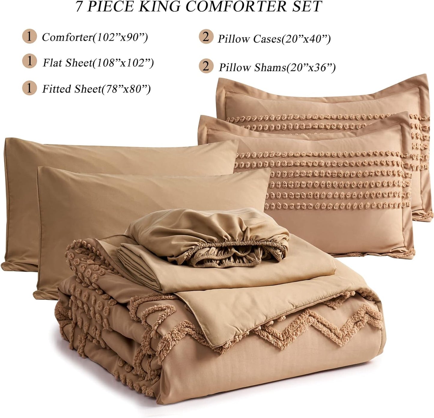 Khaki Tufted Comforter Set, King Size 7 Piece Bed in a Bag, Shabby Chic Boho Comforter and Sheet Set, All Season (Khaki,King)