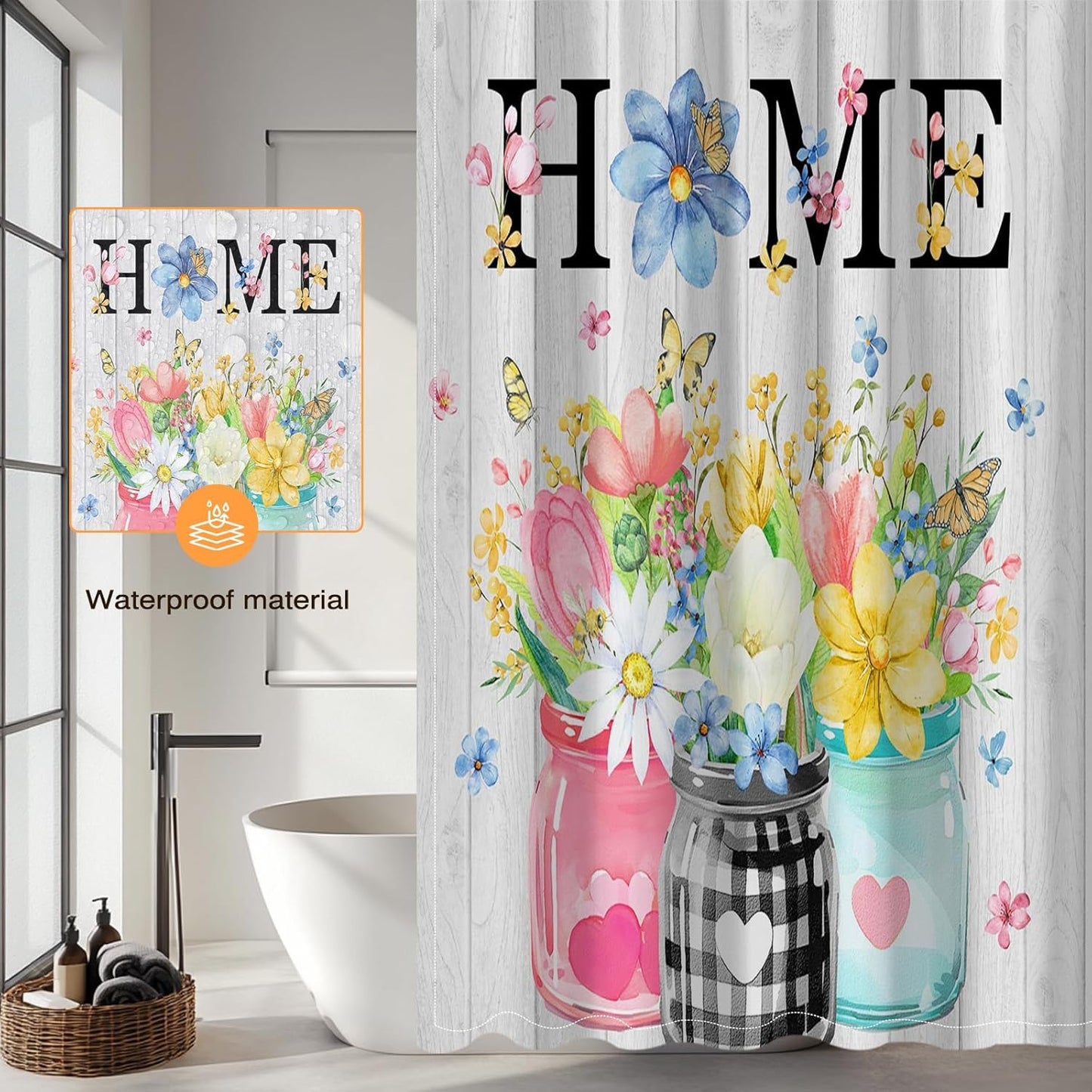 Spring Floral Shower Curtain for Bathroom, Pink Yellow Blue Butterfly and Flowers 72 X 72 Inch Waterproof Fabric Bath Curtain with Hooks (White, 72''X 72'')