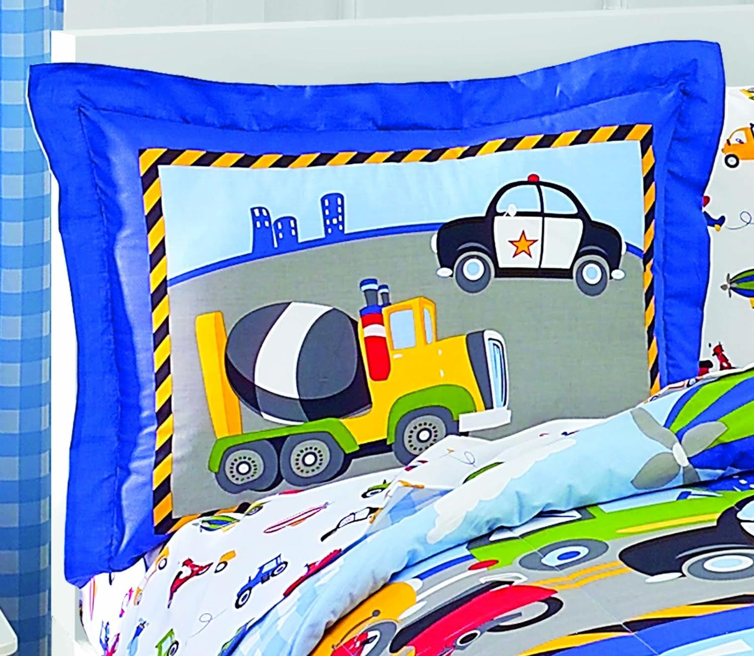 Trucks Tractors Cars Boys 5-Piece Bedding Kids Construction Comforter Sheet Set, Twin Blue Red Multi