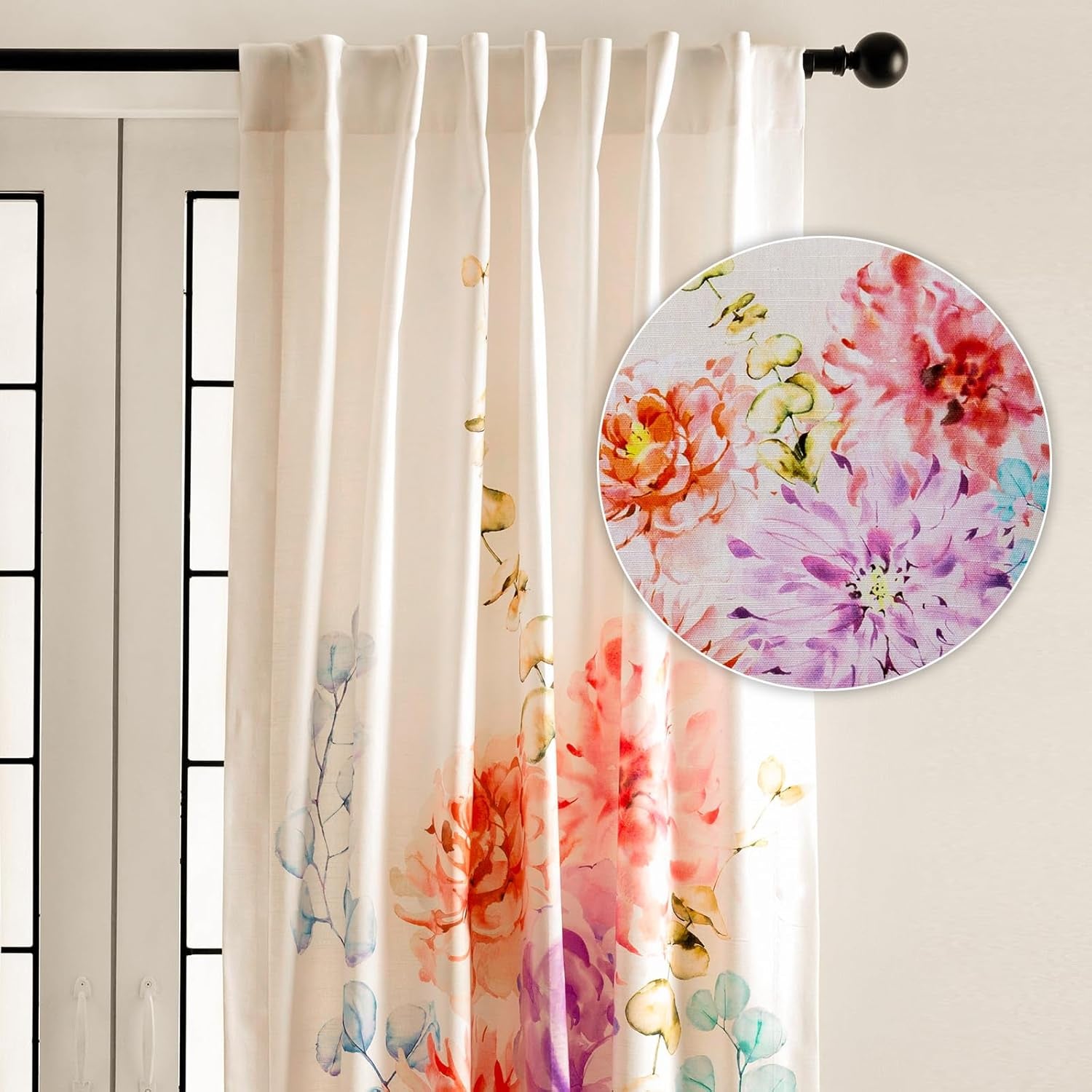 Maison D'Hermine Curtain,100% Cotton 96 Inch Length One Panel Window Curtain- Floral Beige, 50" W X 96" L