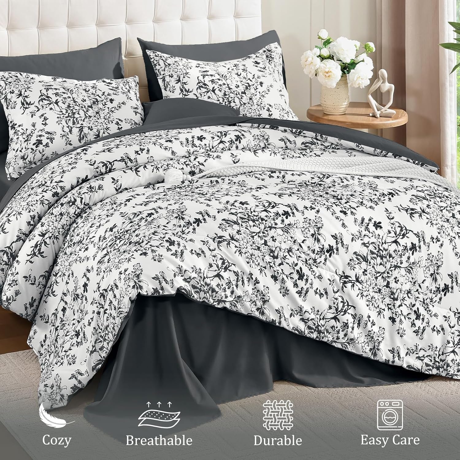 Comforter Set Queen, 8 Pieces Black Gray Floral Botanical Plants Print Comforter, for All Season (90"X90")