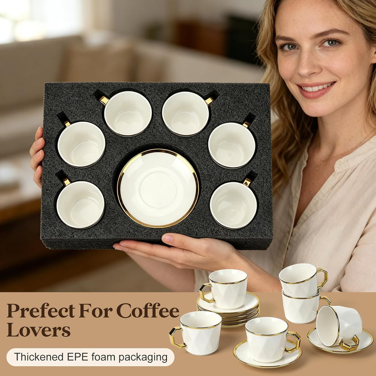Coffee Cup Set of 6 with Saucers, 3.5 OZ Ceramic Demitasse Espresso Cups
