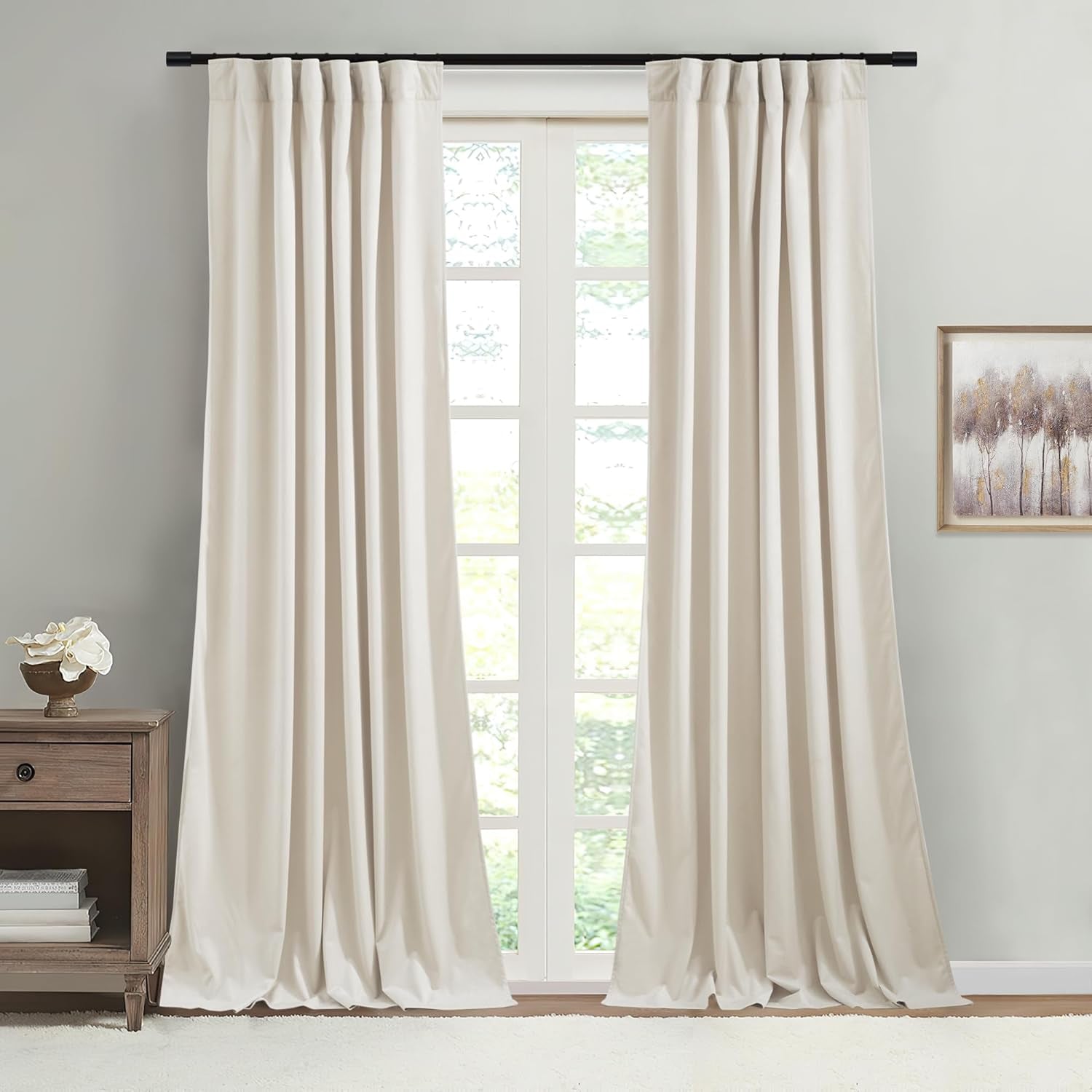 Beige Velvet Curtains, Elegant Home Decor Back Tab Privacy Thermal Insulating Window Drapes, W52 X L84 Inches, 2 Panels